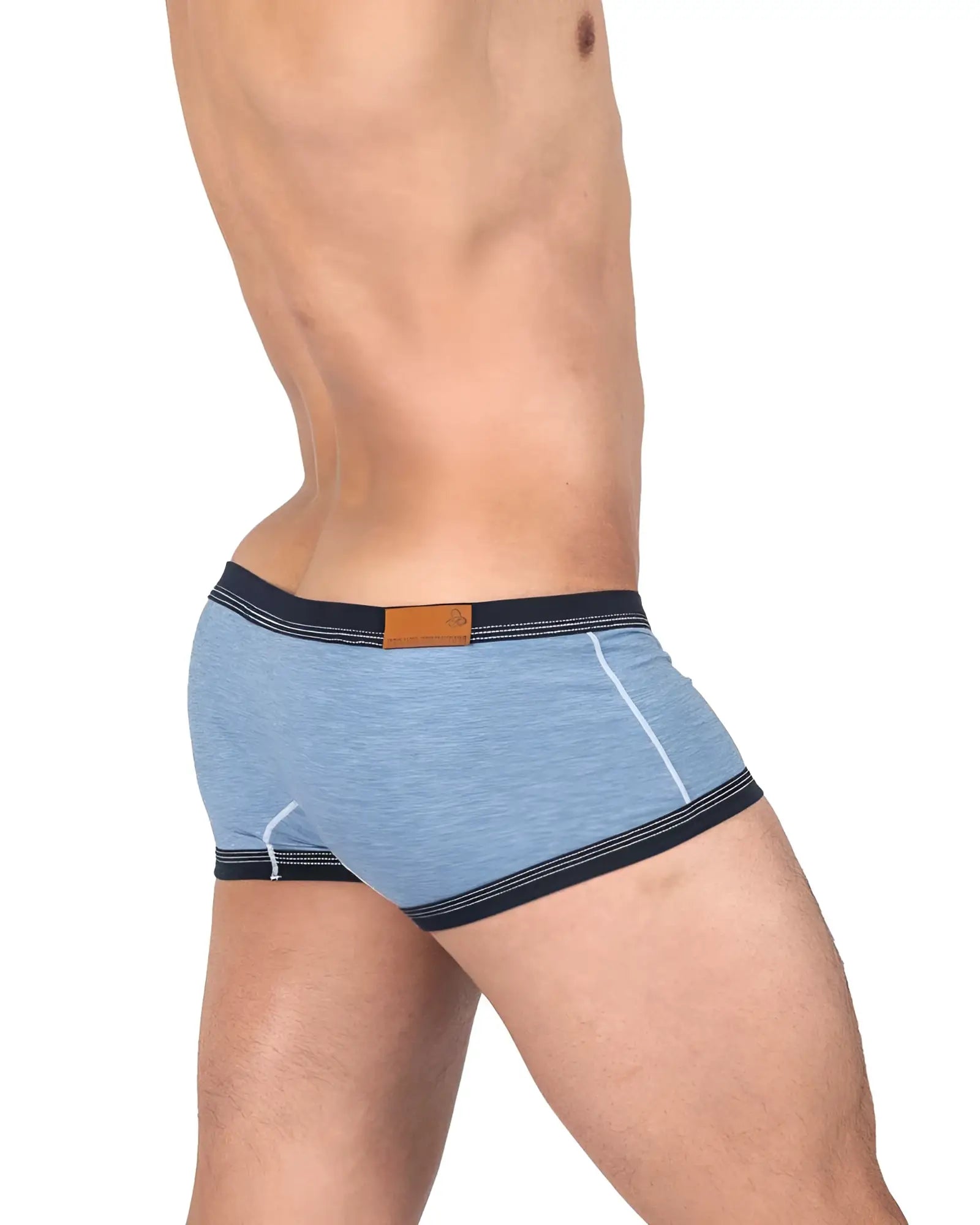 Private structure lcut4359 barn boy low rise trunk denim light blue heathered boxer briefs with navy trim and brown patch