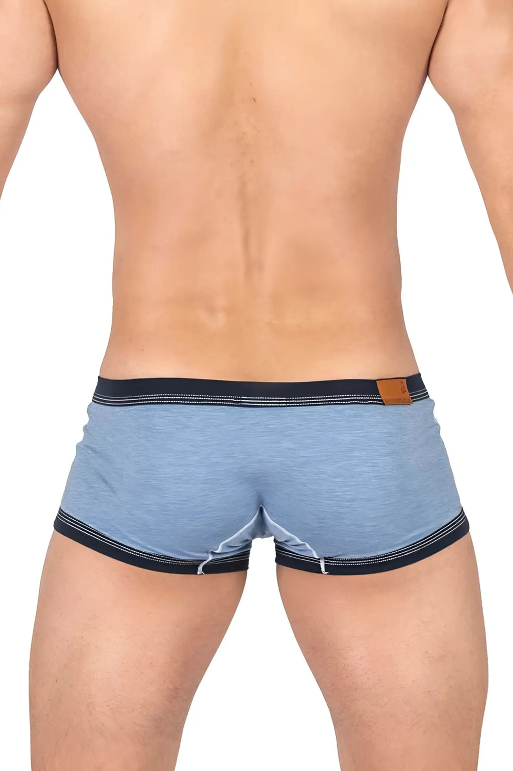 Light blue heathered cotton private structure barn boy low rise trunk briefs with navy trim and brown leather patch