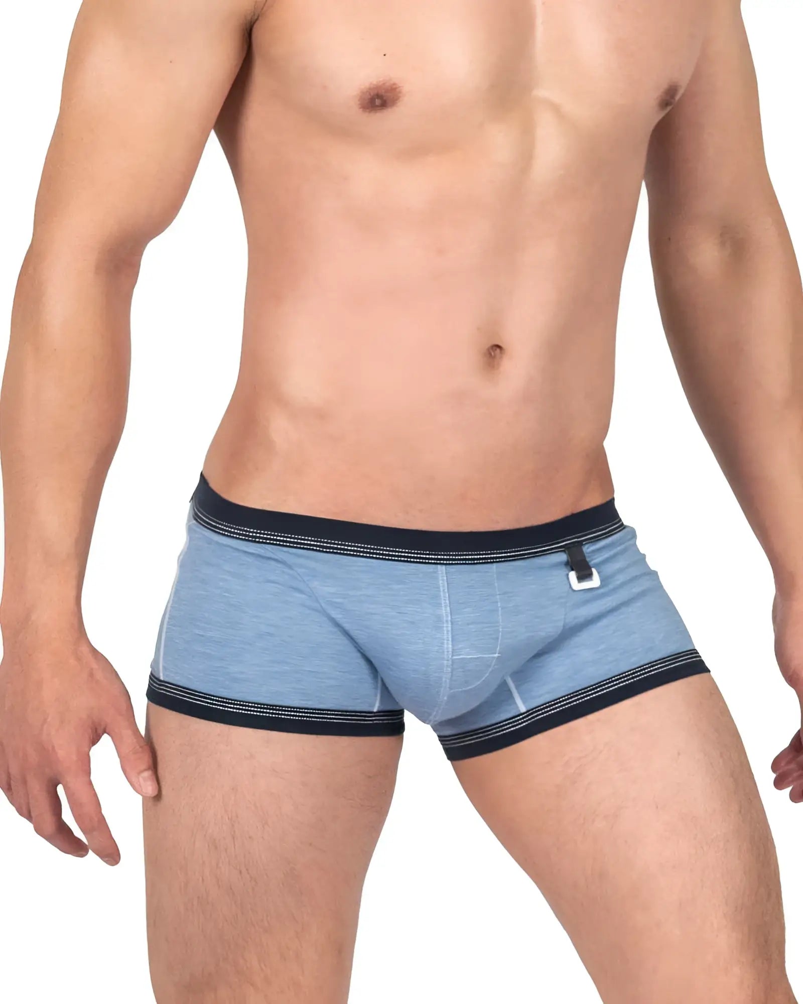 Private structure lcut4359 barn boy low rise trunk in light blue heathered fabric with black trim and silver buckle detail