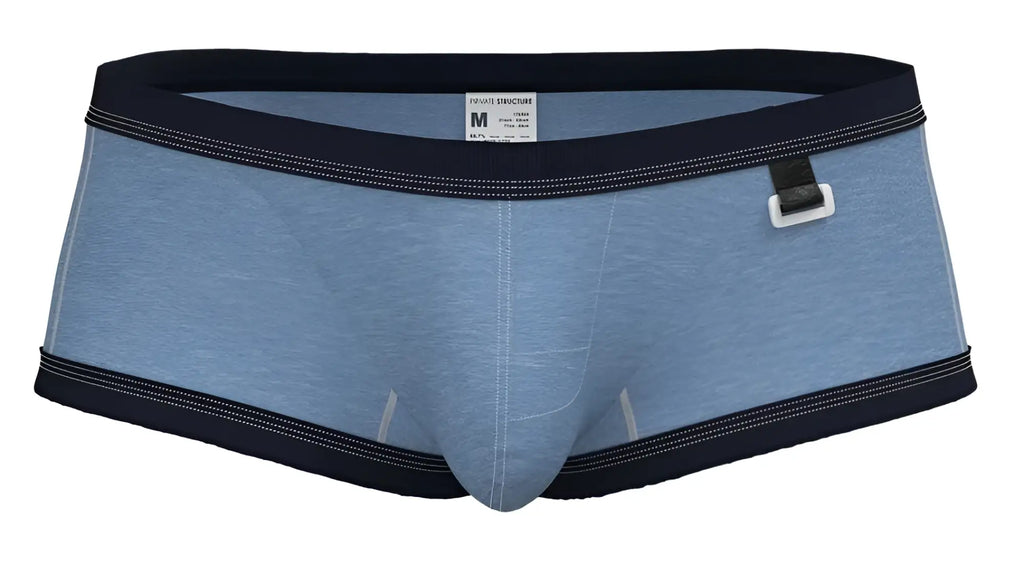 Light blue heathered cotton private structure barn boy low rise trunk with navy trim and white side buckle in denim color