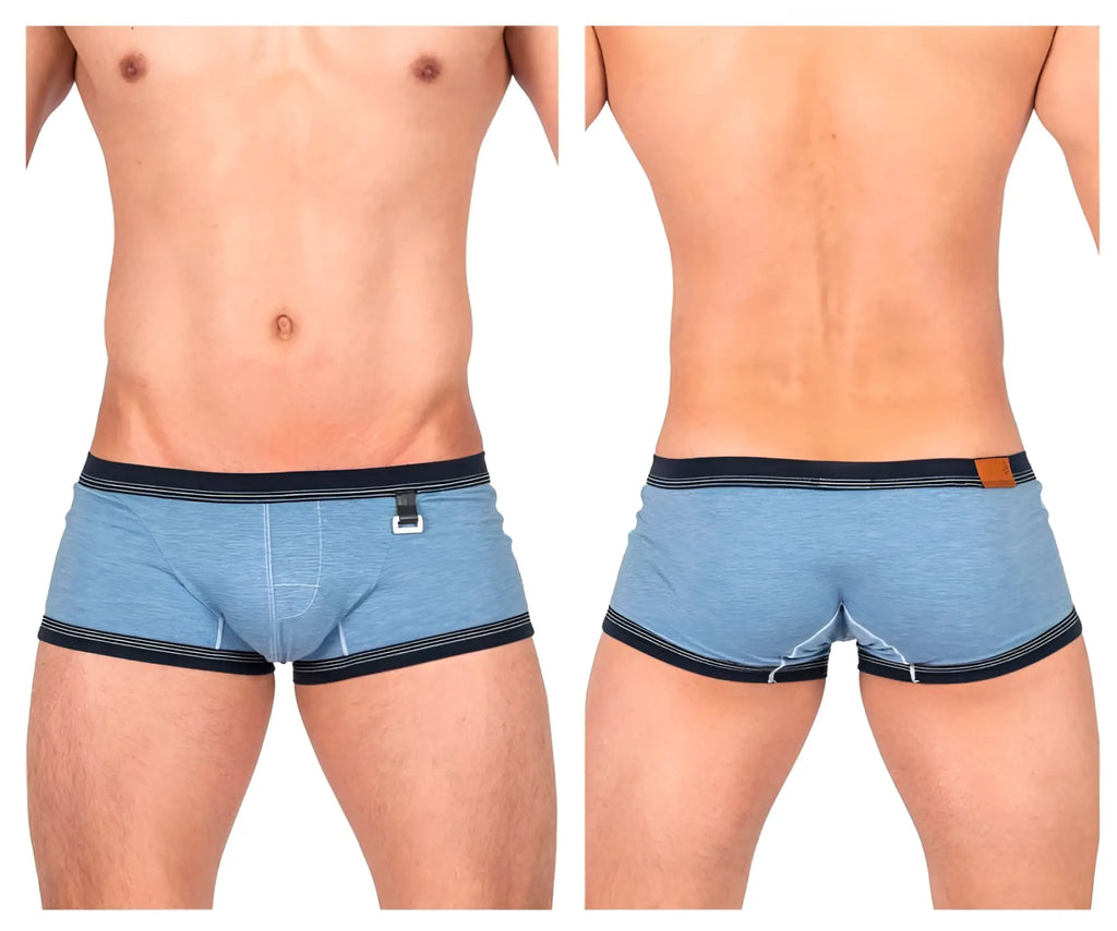 Private structure lcut4359 barn boy low rise trunk in light blue heathered fabric with navy trim and leather waistband patch
