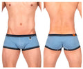 Private structure lcut4359 barn boy low rise trunk in light blue heathered fabric with navy trim and leather waistband patch