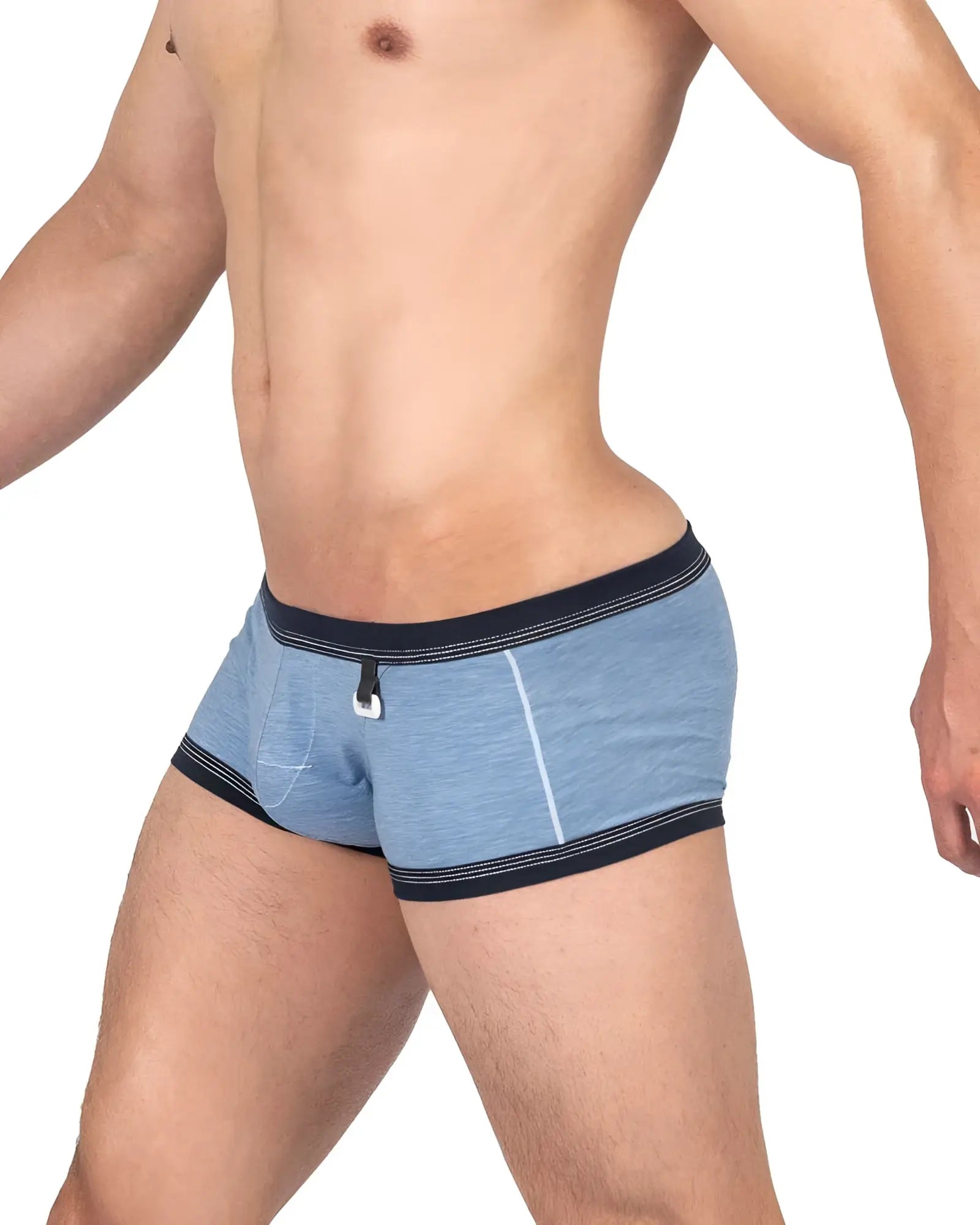 Private structure lcut4359 barn boy low rise trunk denim color light blue heathered briefs with navy trim and zipper pull