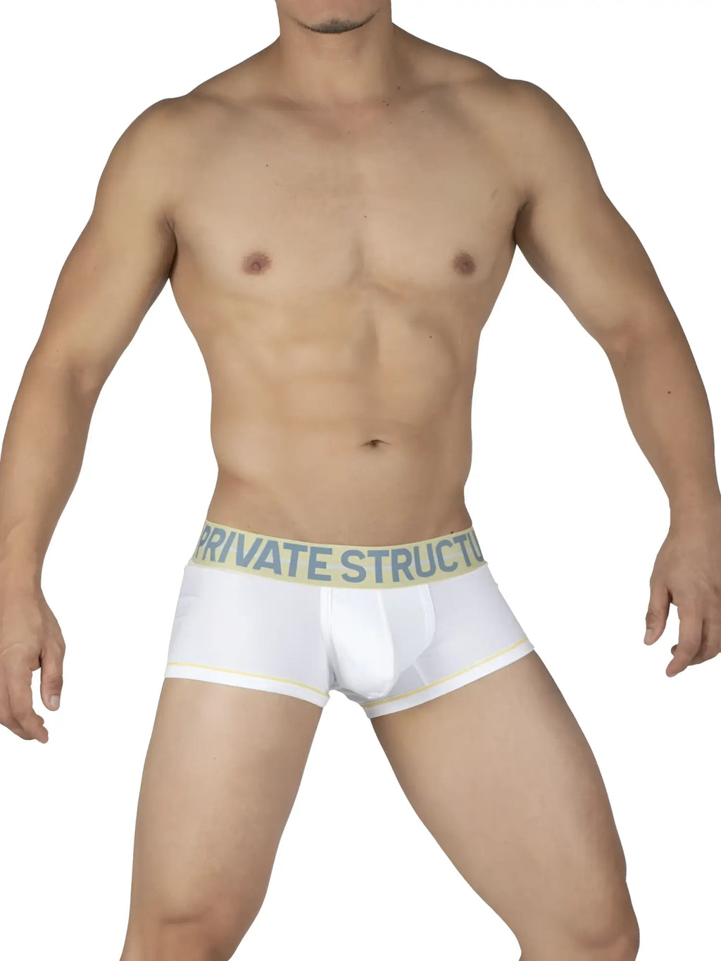 White boxer briefs with light green elastic waistband branded private structure in dark blue from private structure moux4103 mo lite contour brief