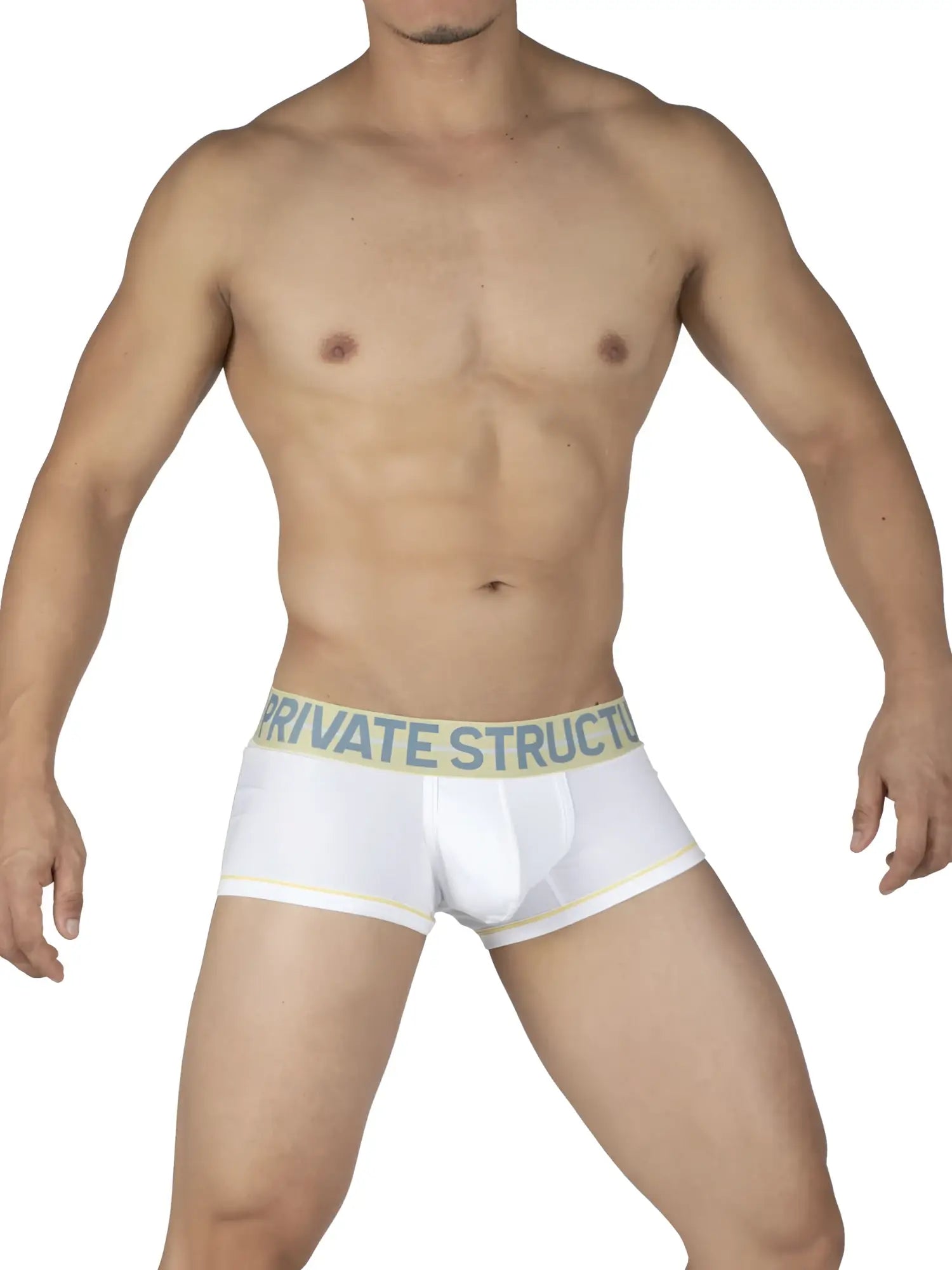 White boxer briefs with light green elastic waistband branded private structure in dark blue from private structure moux4103 mo lite contour brief