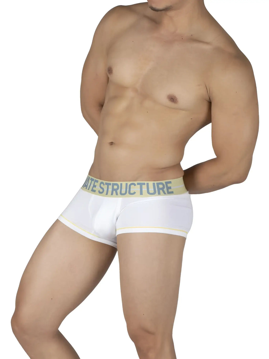 White private structure moux4103 mo lite contour brief with light yellow waistband and dark blue ate structure text