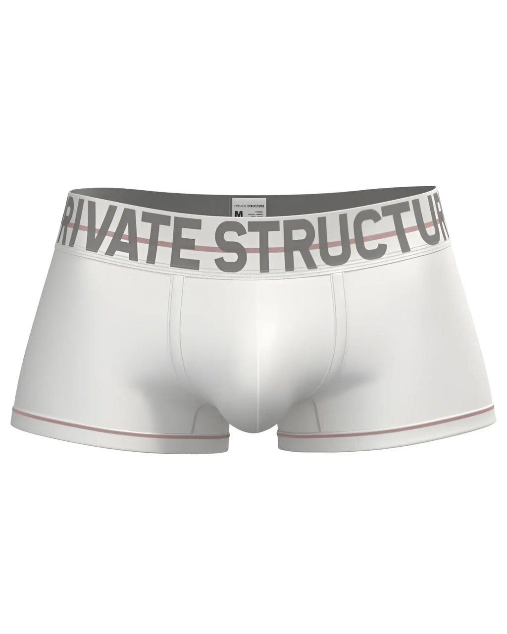 White men’s briefs with gray waistband featuring private structure logo and red trim along leg openings mo lite contour brief