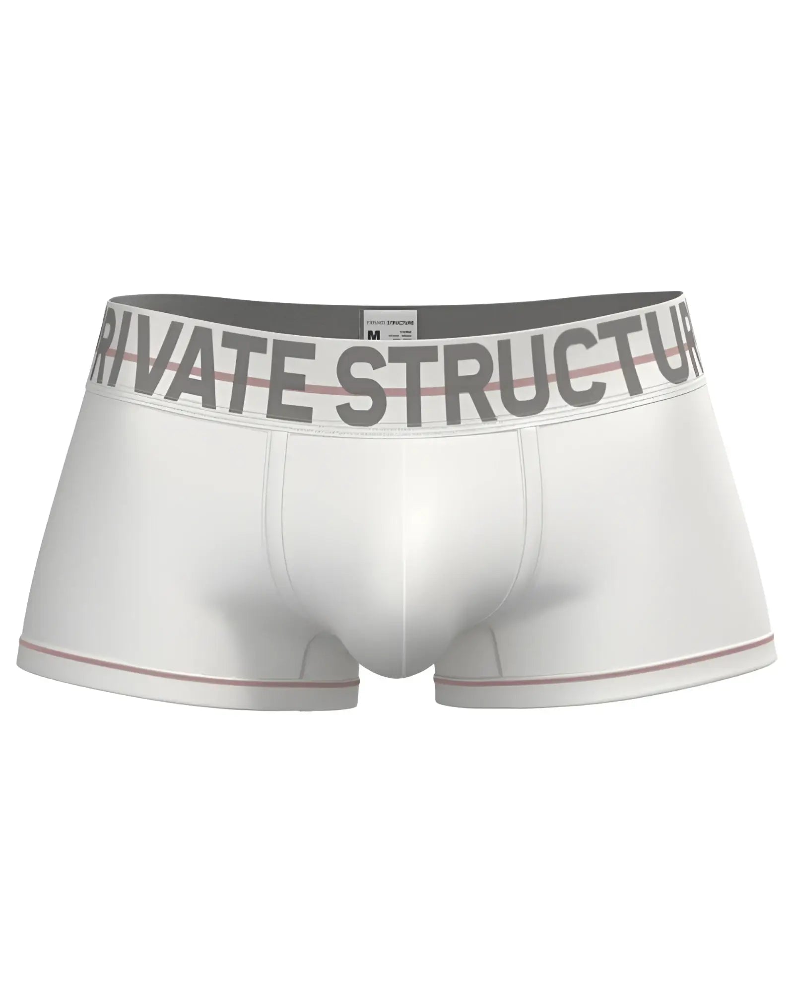 White men’s briefs with gray waistband featuring private structure logo and red trim along leg openings mo lite contour brief