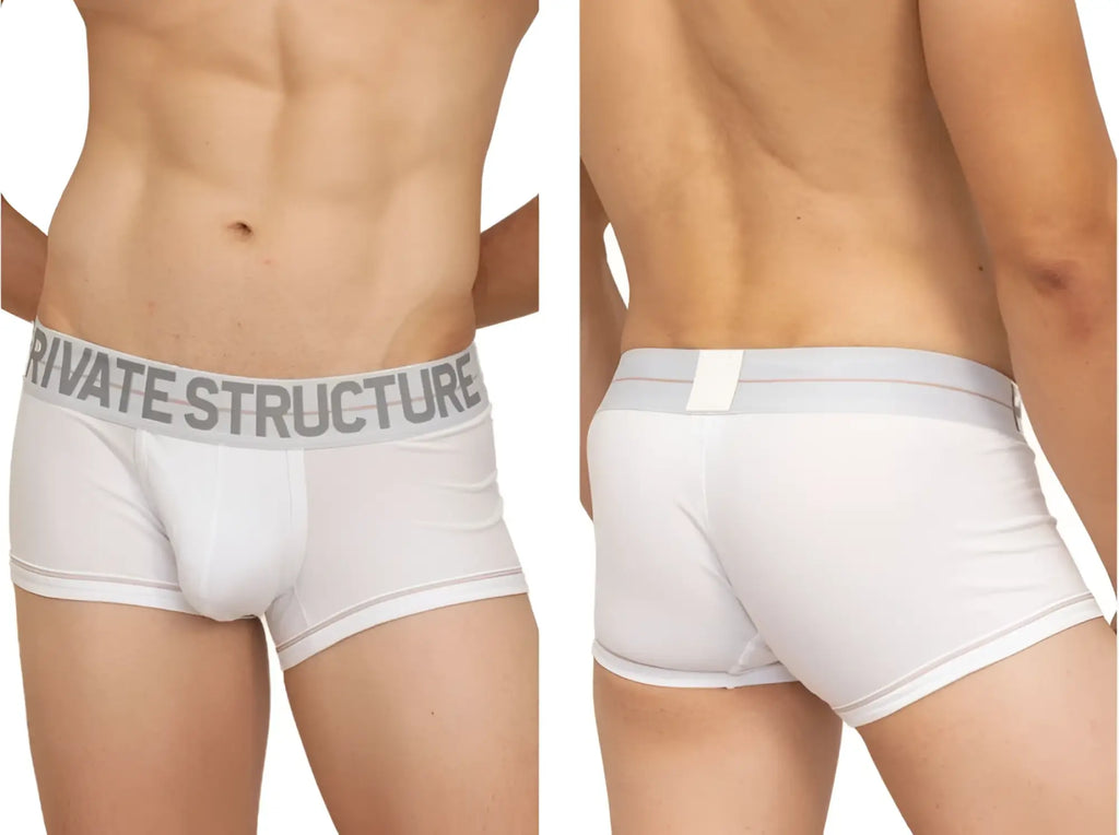 White private structure mo lite contour brief with gray elastic waistband and bold logo in uppercase letters