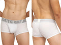 White private structure mo lite contour brief with gray elastic waistband and bold logo in uppercase letters
