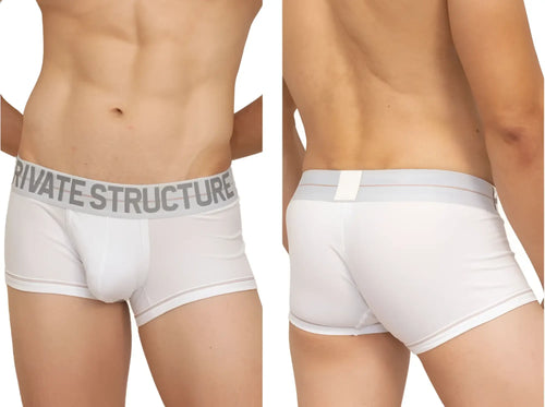 White private structure mo lite contour brief with gray elastic waistband and bold logo in uppercase letters