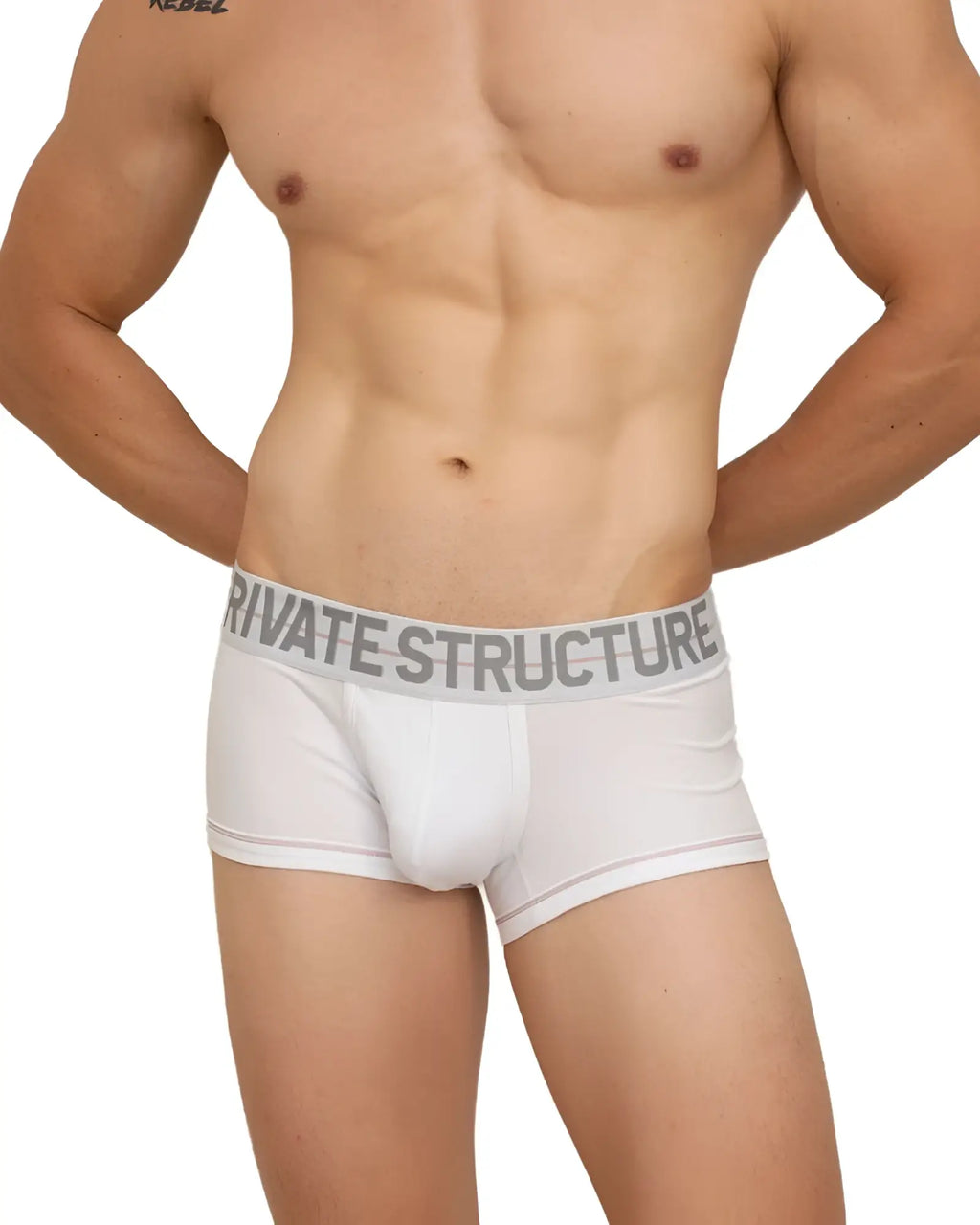 White private structure men’s cotton briefs with gray elastic waistband and bold brand name mo lux4103 mo lite contour brief
