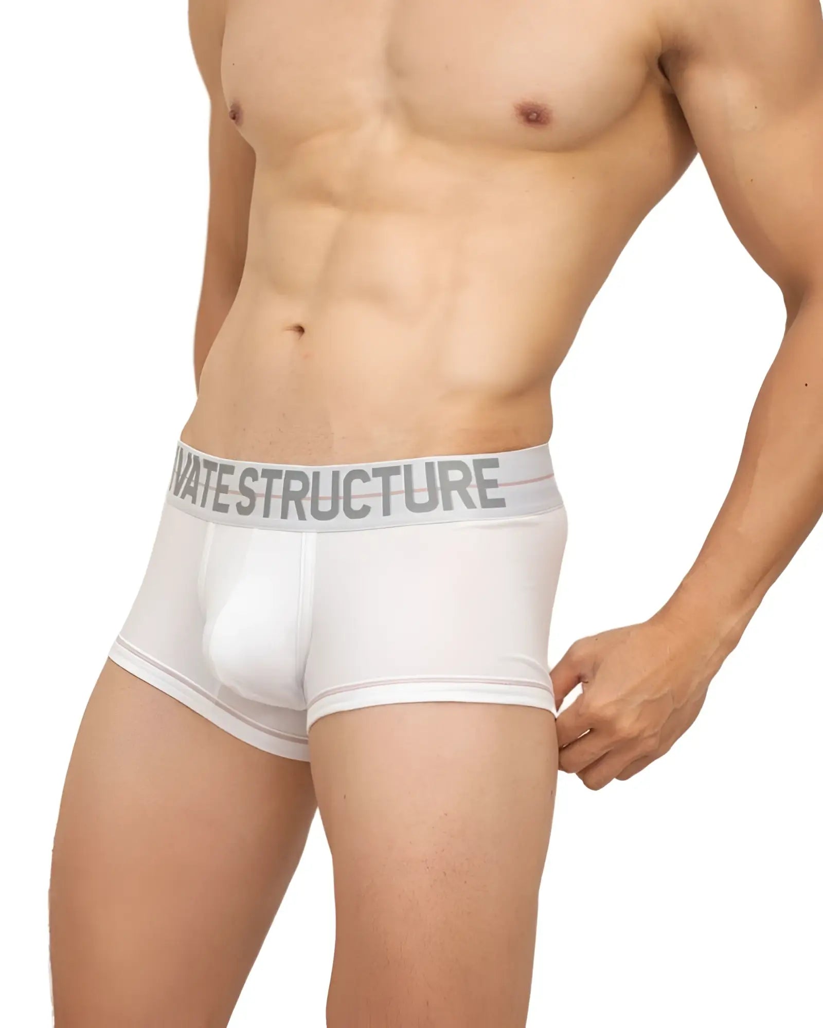 White private structure men’s brief with gray elastic waistband and bold logo designed for comfortable support