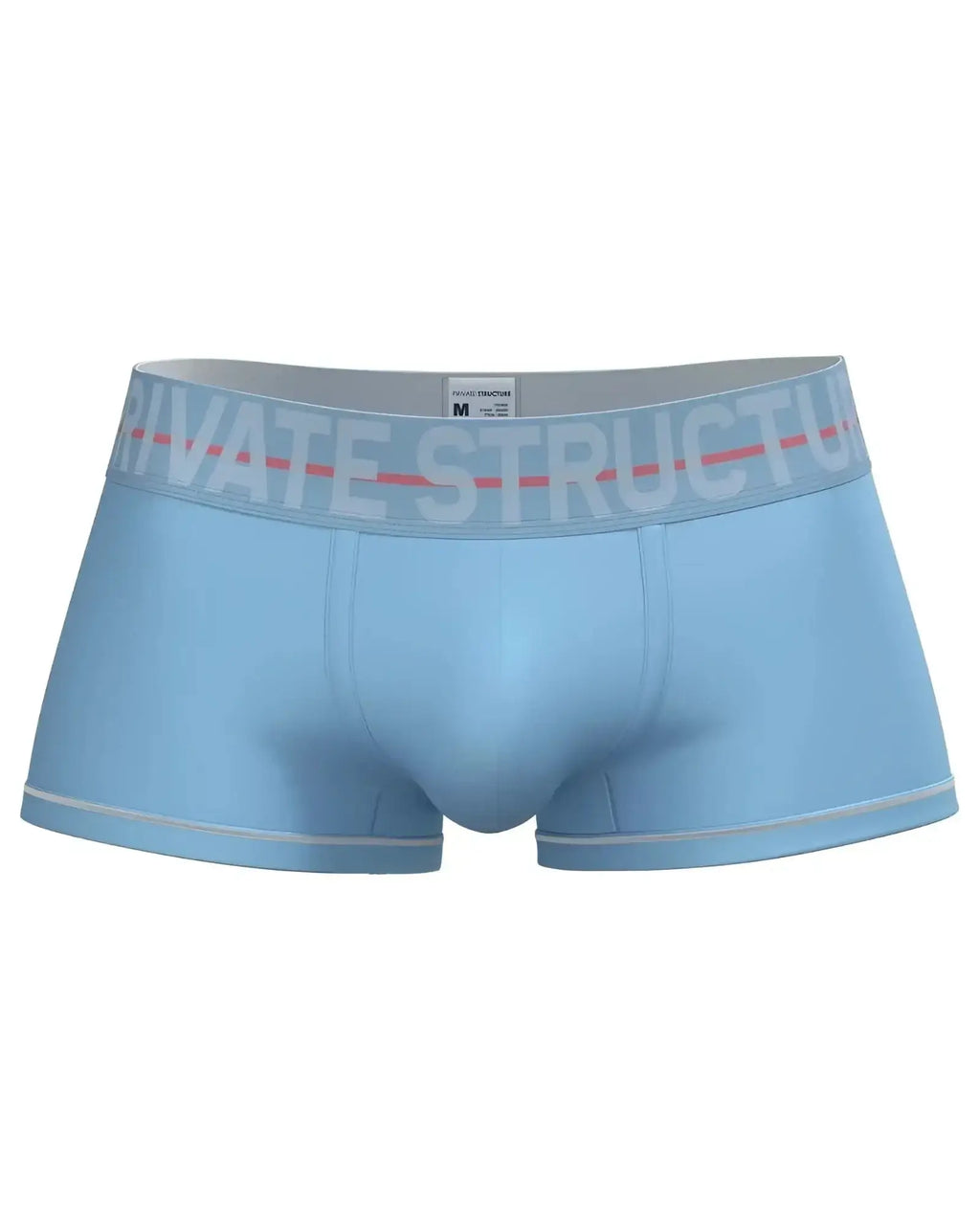 Light blue private structure moux4103 mo lite mid waist trunk with gray waistband and white logo lettering