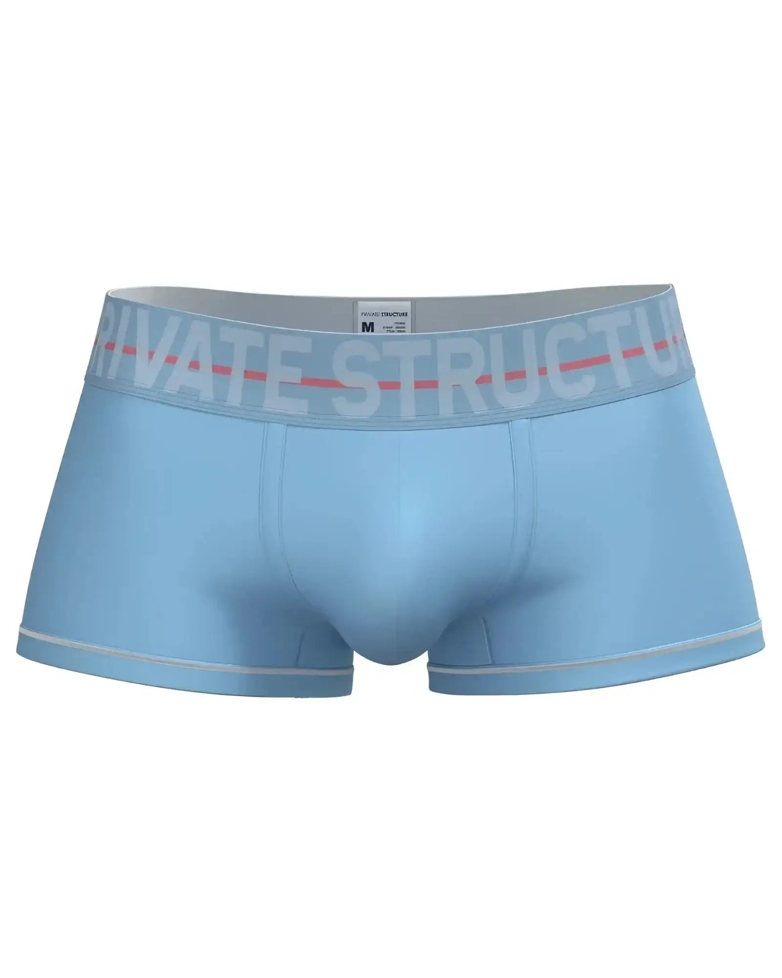 Light blue private structure moux4103 mo lite mid waist trunk with gray waistband and white logo lettering