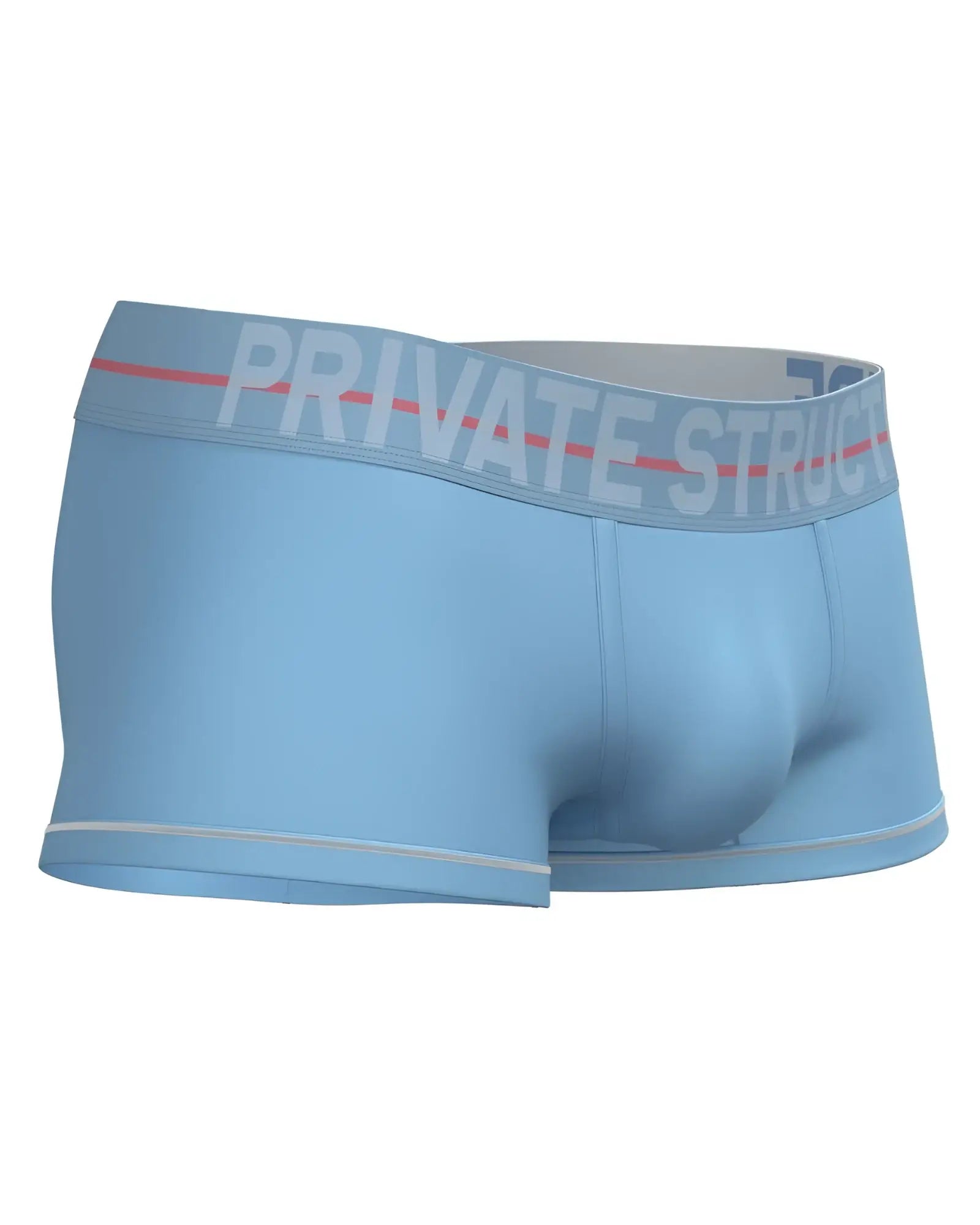 Light blue men’s briefs with gray waistband featuring private structure logo and red line accents mid waist trunk