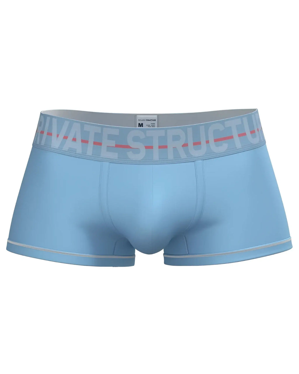 Light blue private structure moux4103 mo lite mid waist trunk with gray waistband and white logo lettering