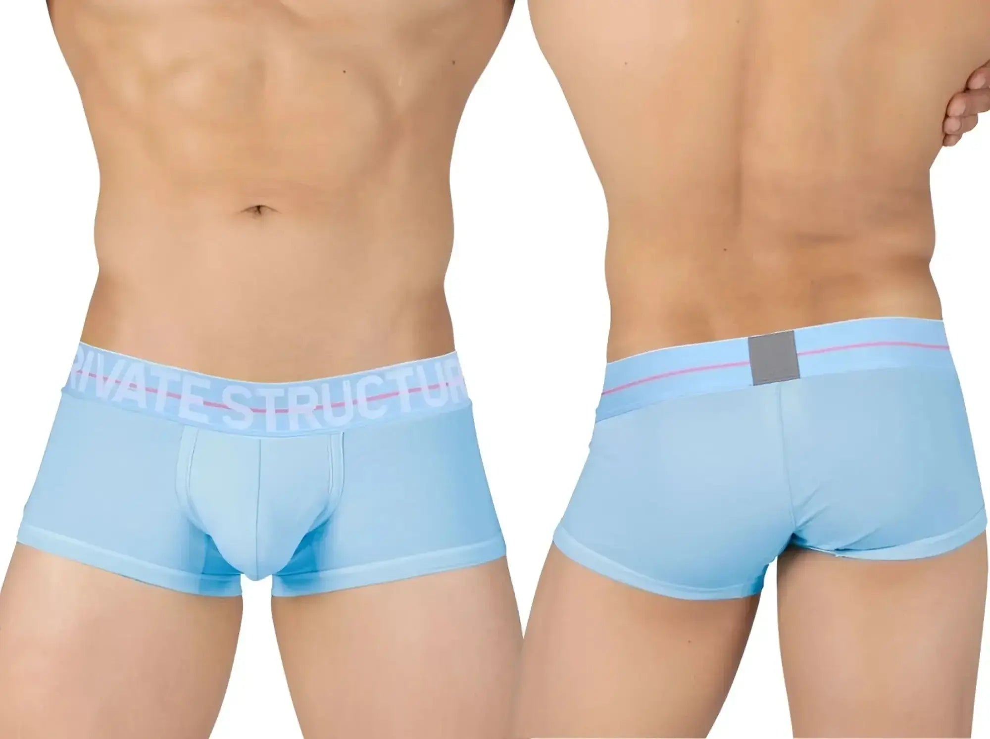 Light blue private structure men’s mid waist trunk briefs with pink and white elastic waistband moux4103 model