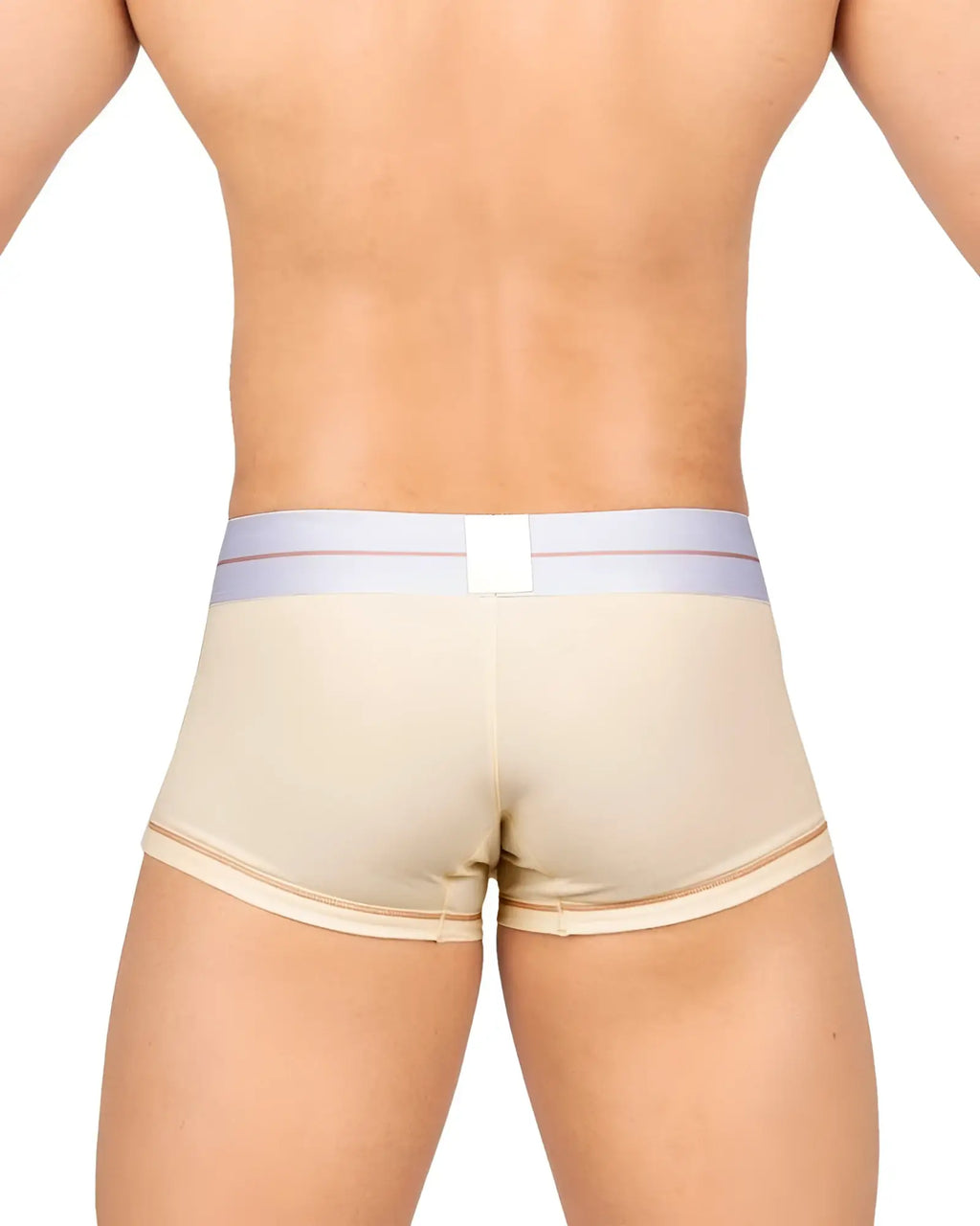 Beige private structure moux4103 mo lite mid waist trunk with light purple waistband and pink striped trim