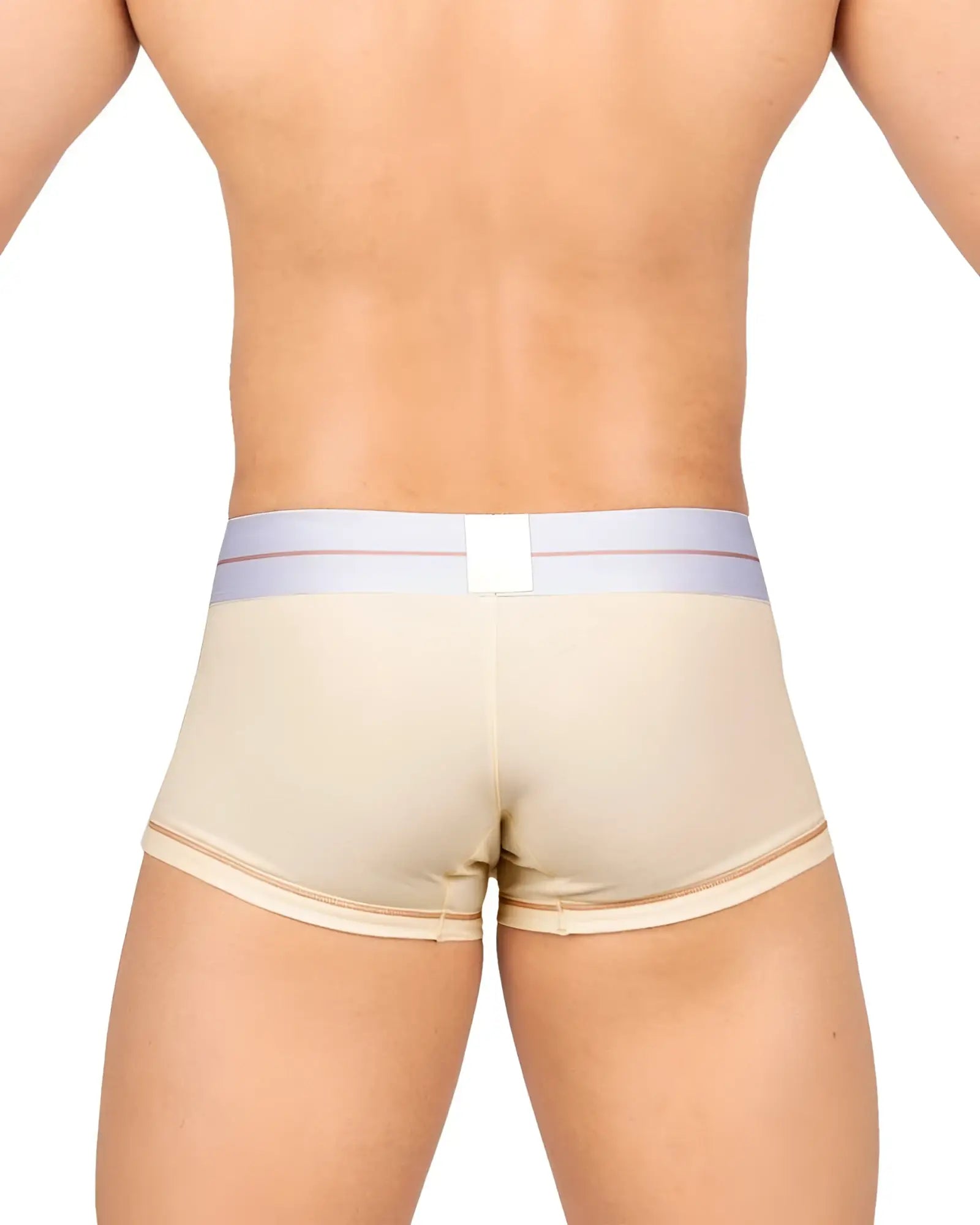 Beige private structure moux4103 mo lite mid waist trunk with light purple waistband and pink striped trim