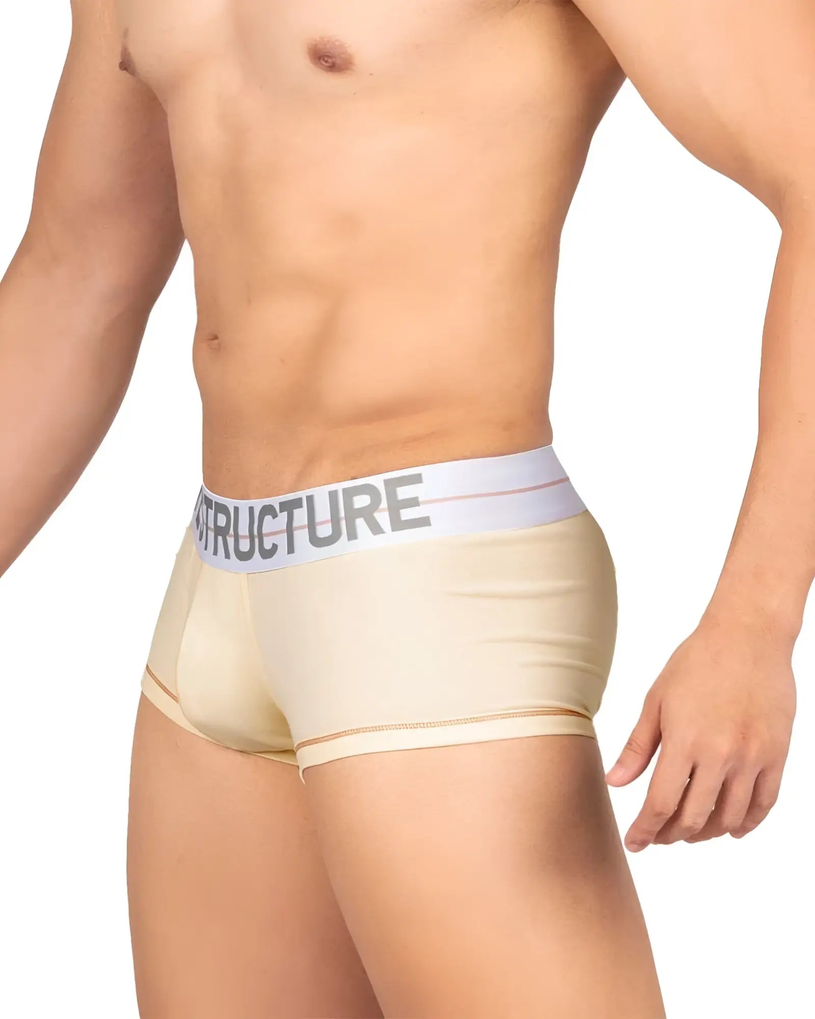 Beige private structure moux4103 mo lite mid waist trunk boxer briefs with white elastic waistband and gray logo