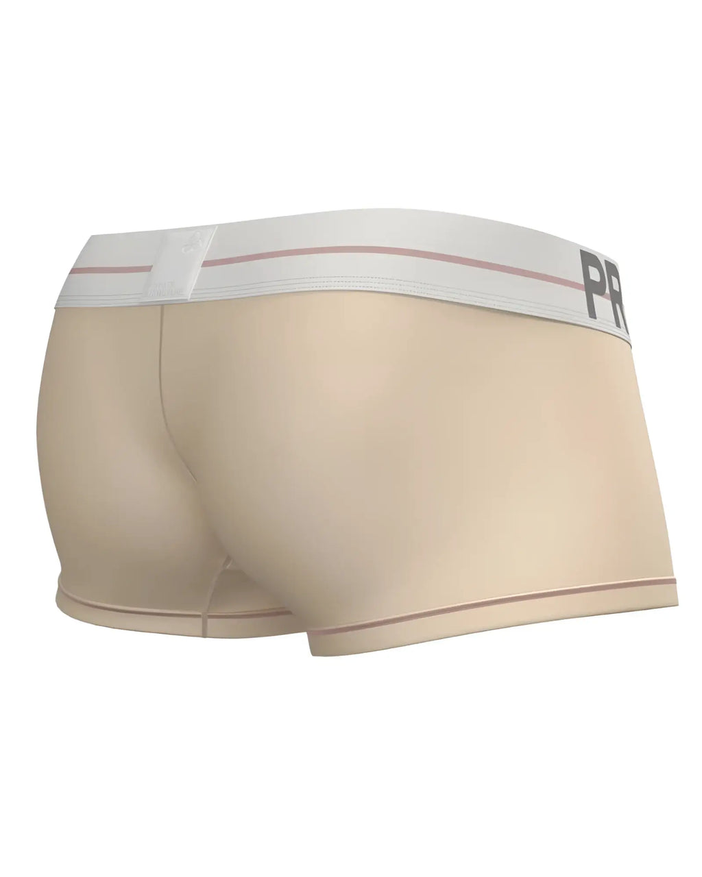 Beige men’s briefs private structure mo lite mid waist trunk with white elastic waistband and pink stripes cream color