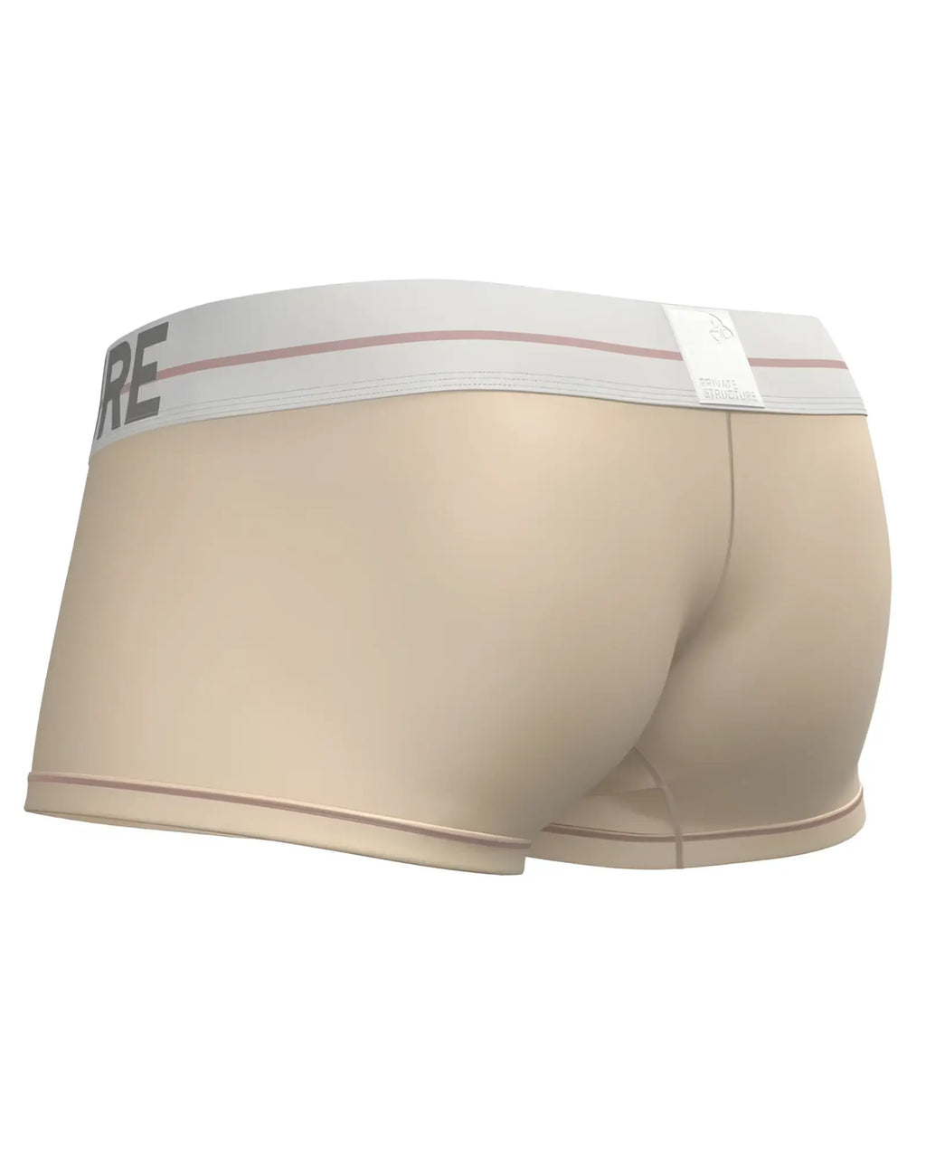 Beige private structure mo lite mid waist trunk briefs with white elastic waistband and gray lettering with red stripes