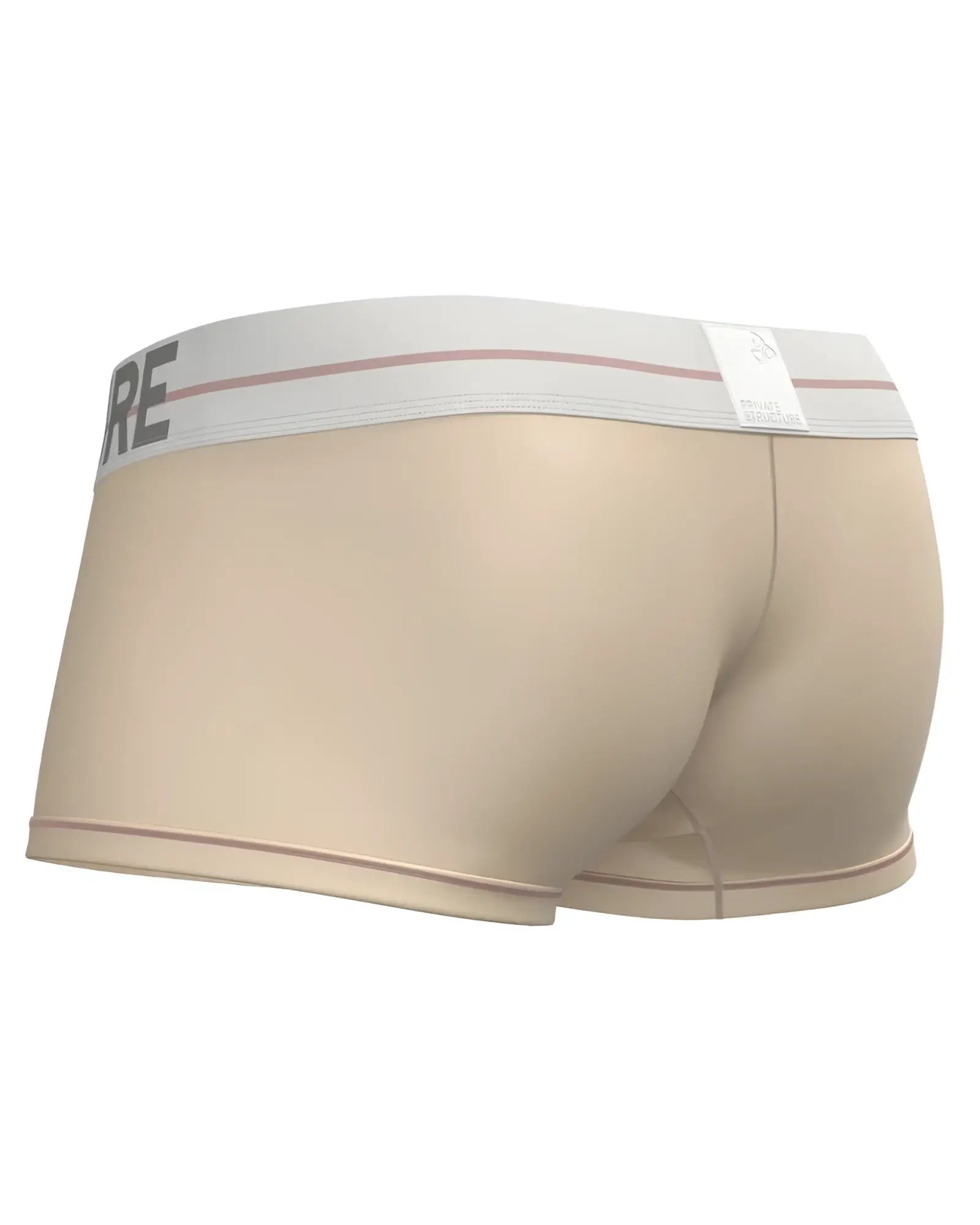 Beige private structure mo lite mid waist trunk briefs with white elastic waistband and gray lettering with red stripes