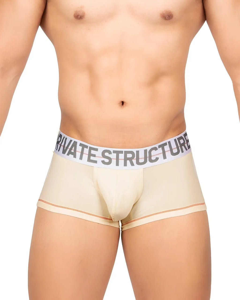 Beige men’s briefs with white elastic waistband and private structure logo in gray mid waist trunk cream color