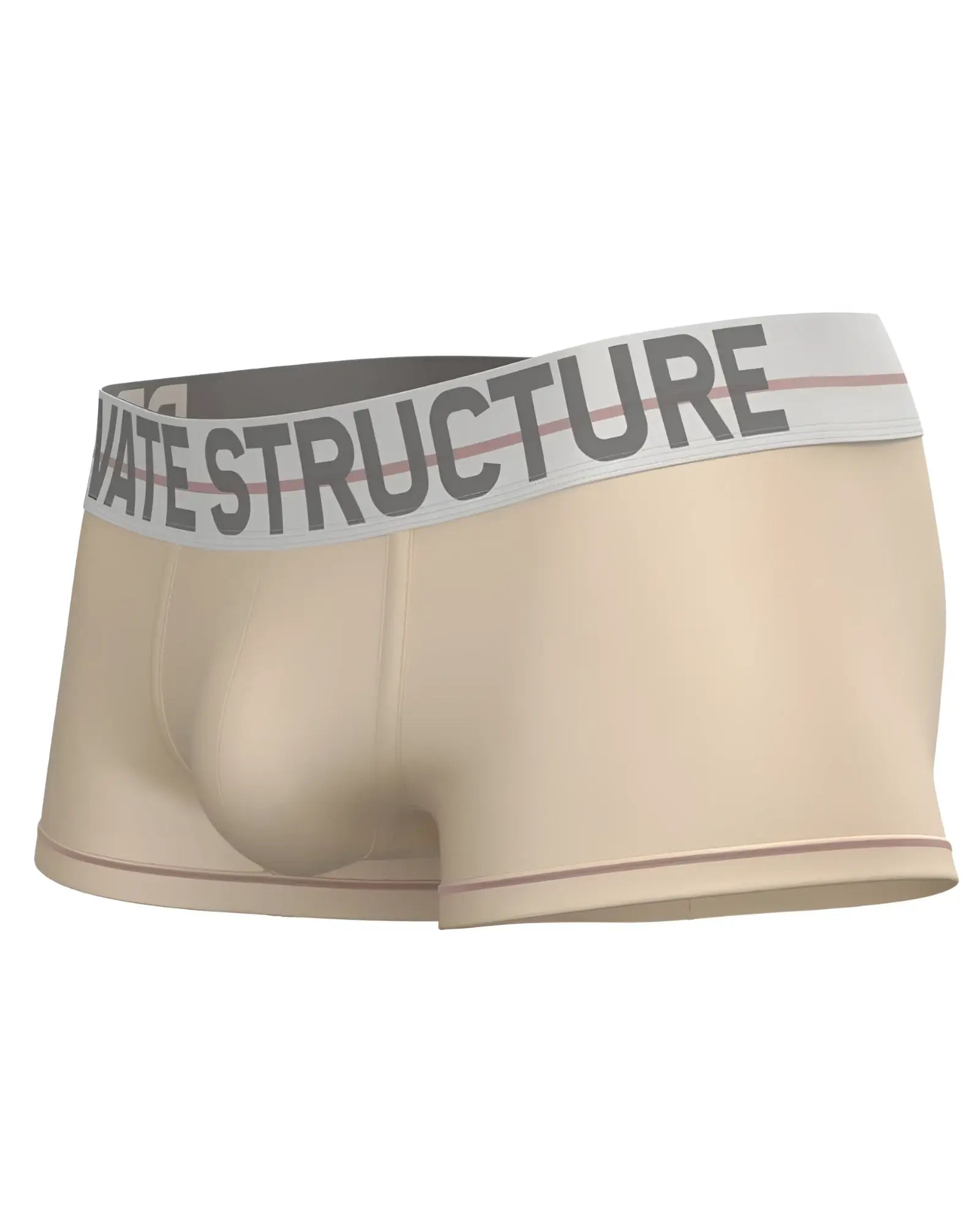 Beige men’s briefs with a gray private structure waistband featuring thin pink stripes in cream color