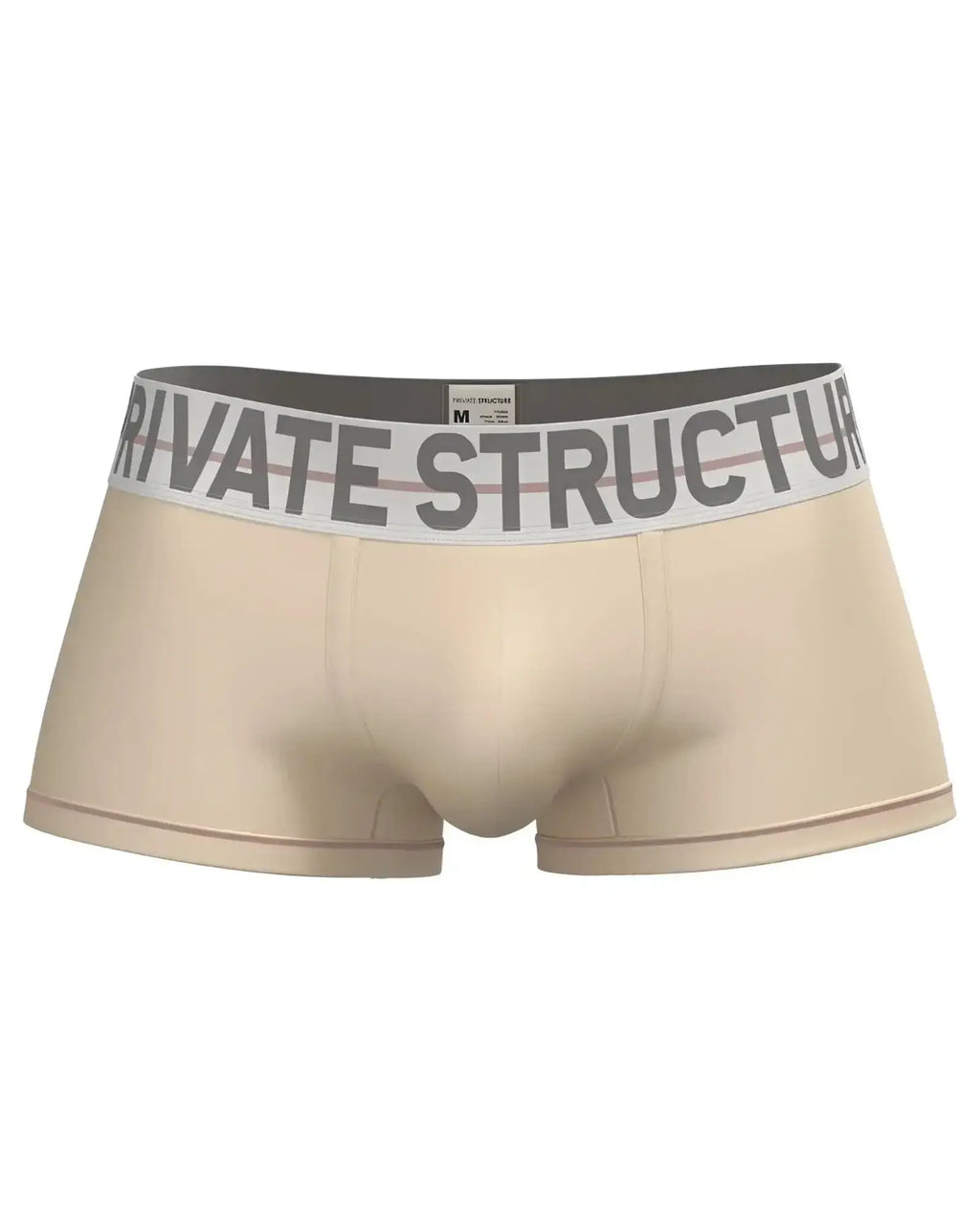 Beige mens briefs with gray and white elastic waistband featuring private structure brand name in cream color