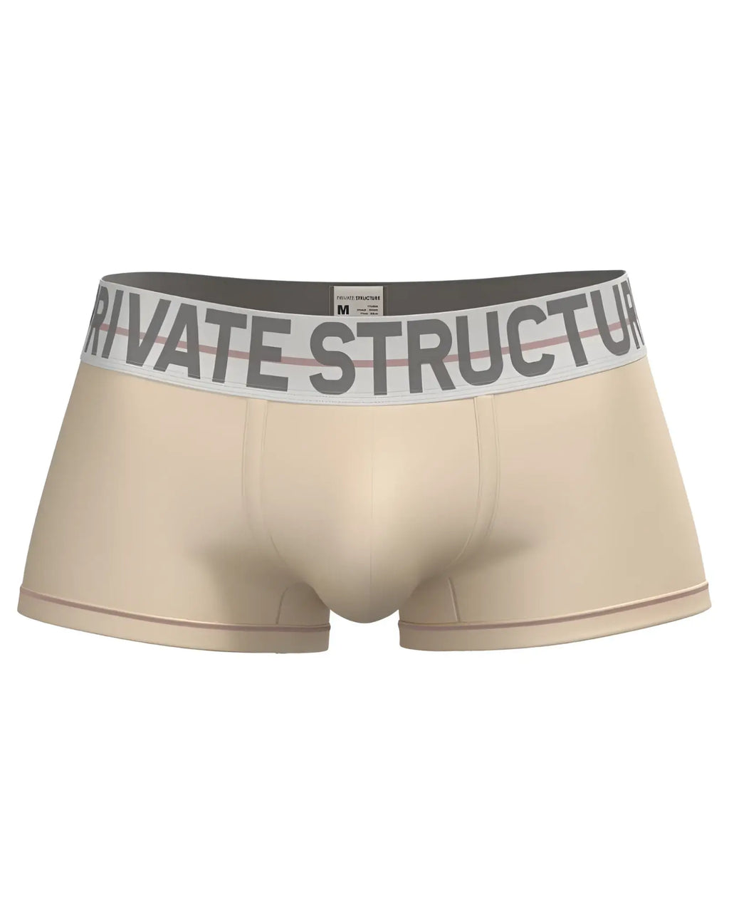 Beige mens briefs with gray and white elastic waistband featuring private structure brand name in cream color
