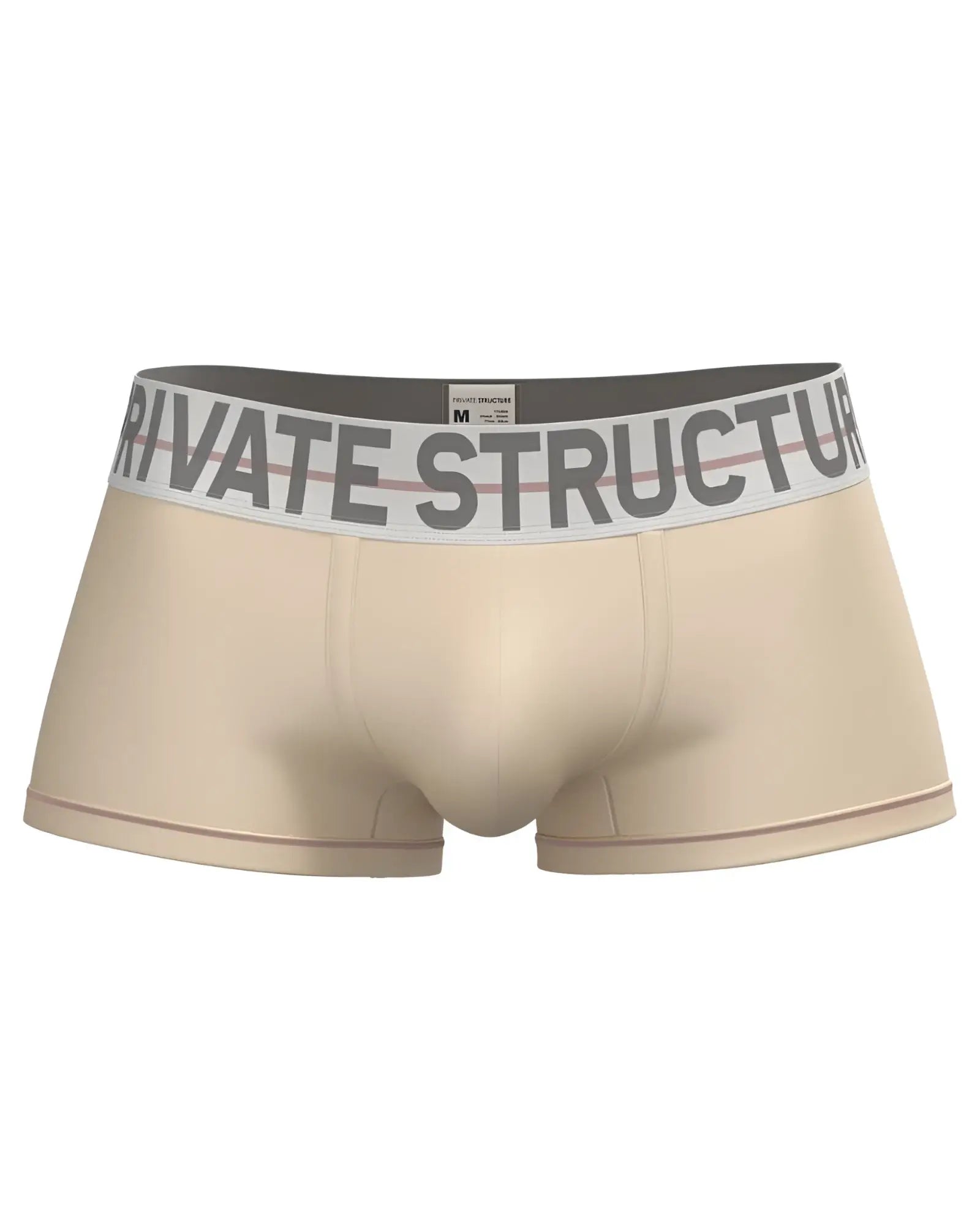 Beige mens briefs with gray and white elastic waistband featuring private structure brand name in cream color