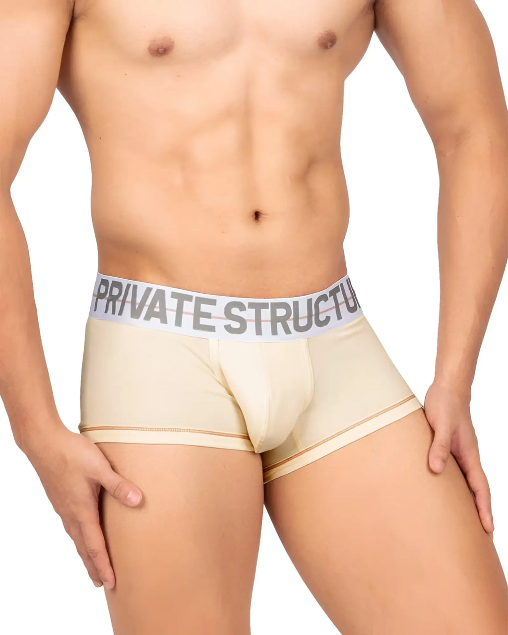 Beige men’s briefs with gray elastic waistband featuring private structure logo from moux4103 mo lite mid waist trunk cream