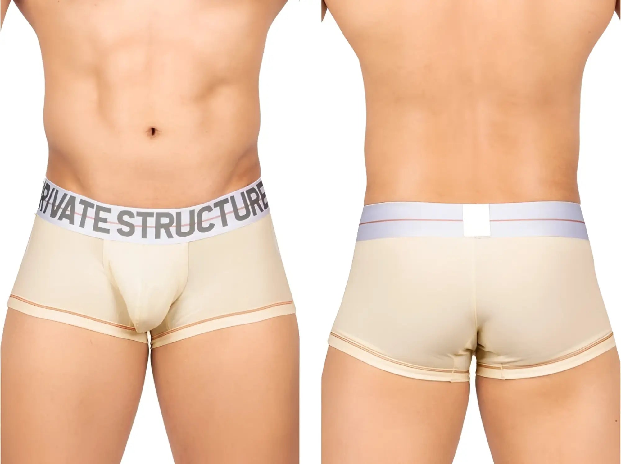 Beige men’s briefs with a gray and white elastic waistband featuring the private structure logo in cream color