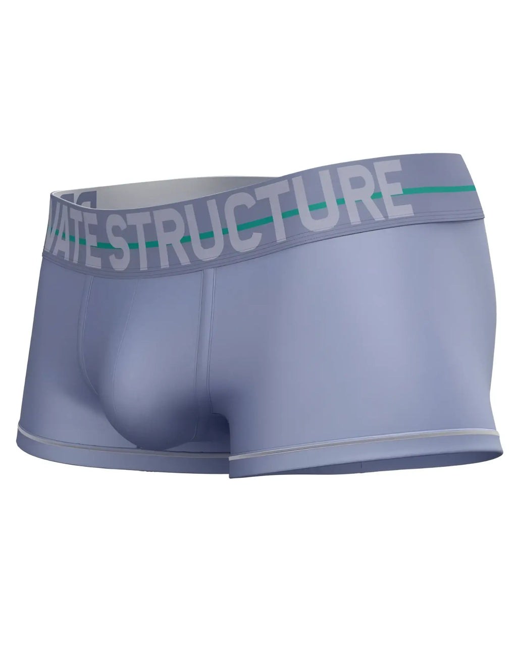 Light blue men’s boxer briefs with gray waistband and private structure logo in white and green stripe lilac color