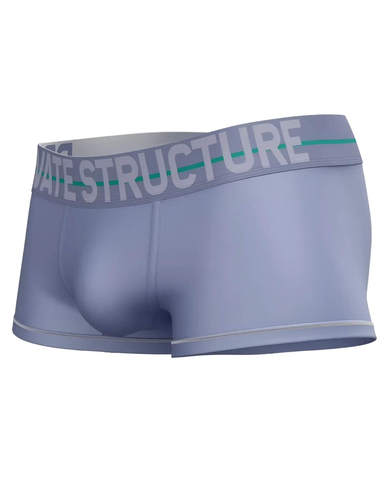 Light blue men’s boxer briefs with gray waistband and private structure logo in white and green stripe lilac color