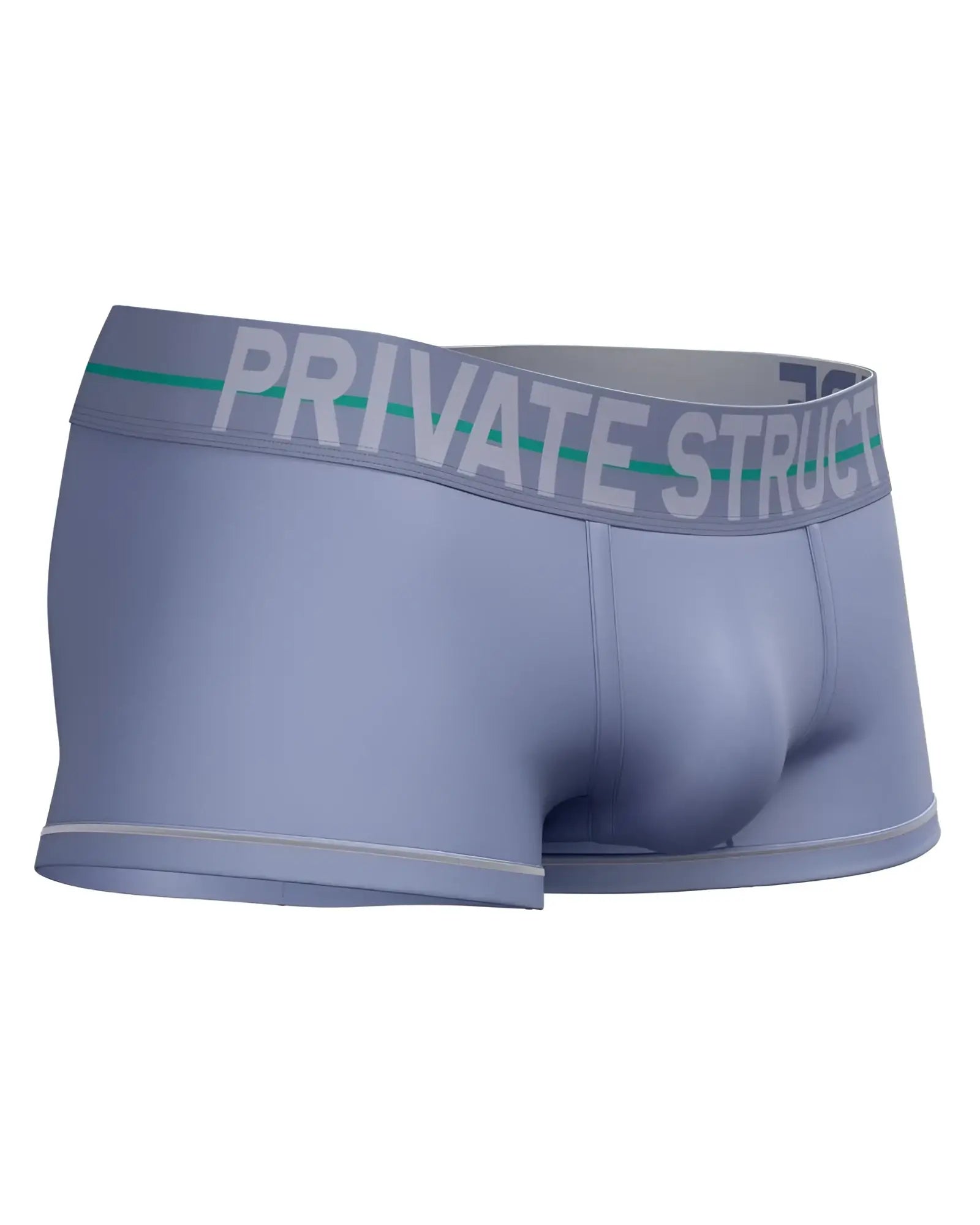 Light blue private structure mo lite mid waist trunk briefs with gray waistband logo and thin green stripe in lilac color