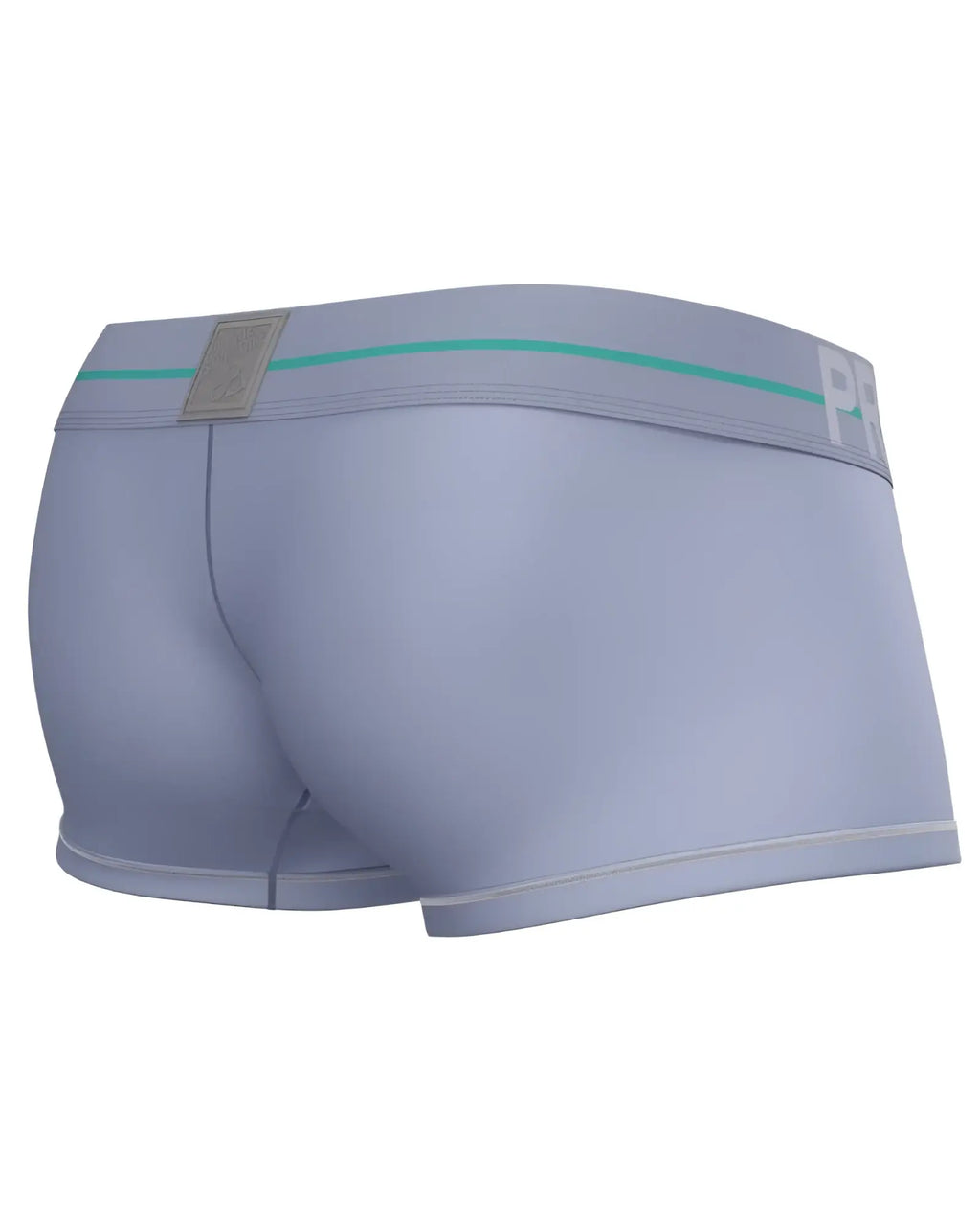 Light gray men’s boxer briefs with teal stripe and silver logo tag from private structure moux4103 mo lite mid waist trunk in lilac