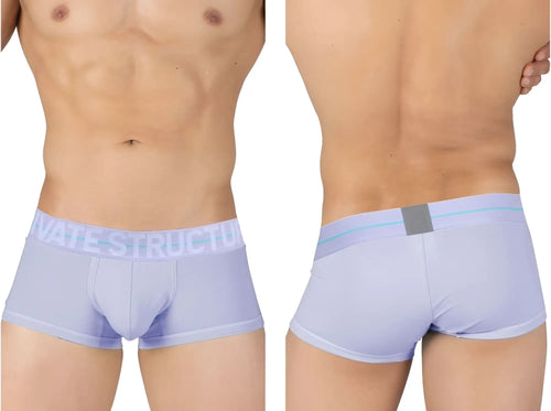 Light purple men’s mid waist briefs with matching elastic waistband branded private structure in white lettering