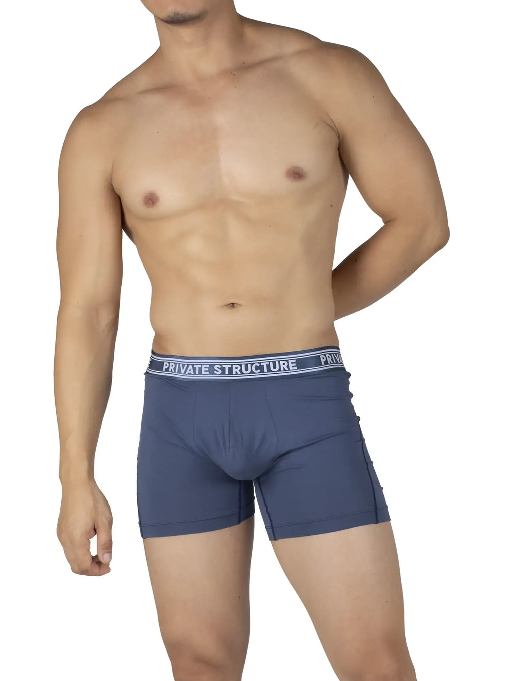 Men’s navy blue bamboo mid waist boxer briefs with white elastic waistband featuring private structure logo