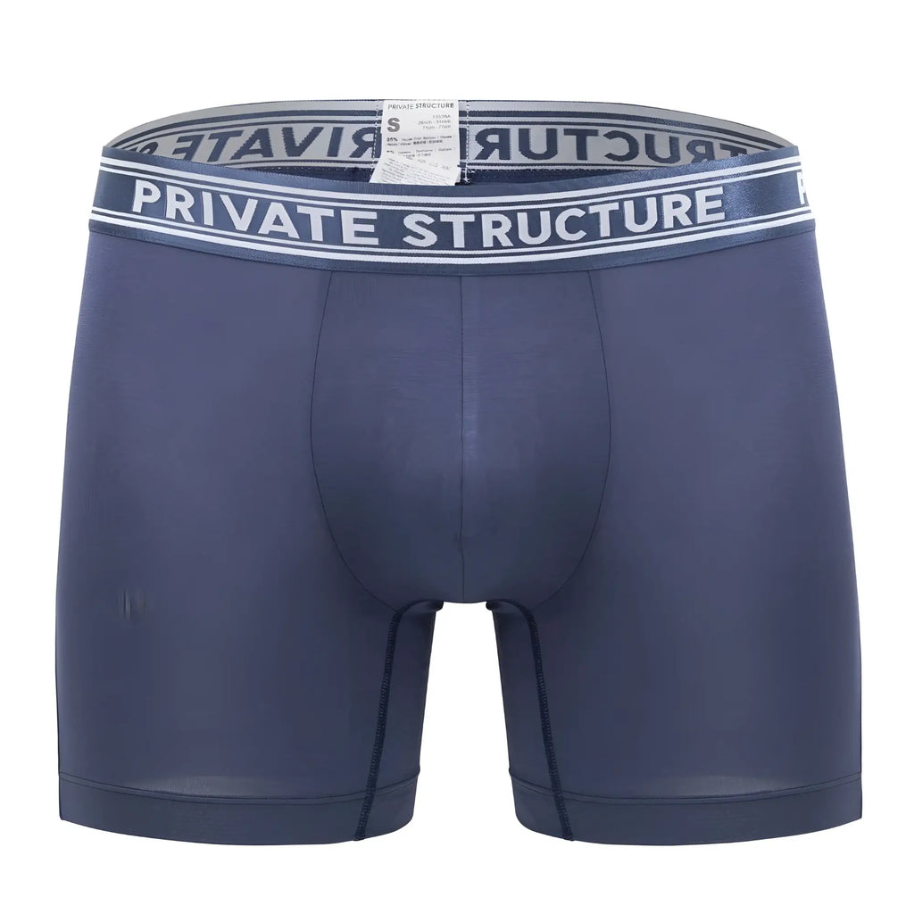 Private Structure PBUT4380 bamboo mid waist boxer briefs in citadel blue with gray waistband and white logo lettering