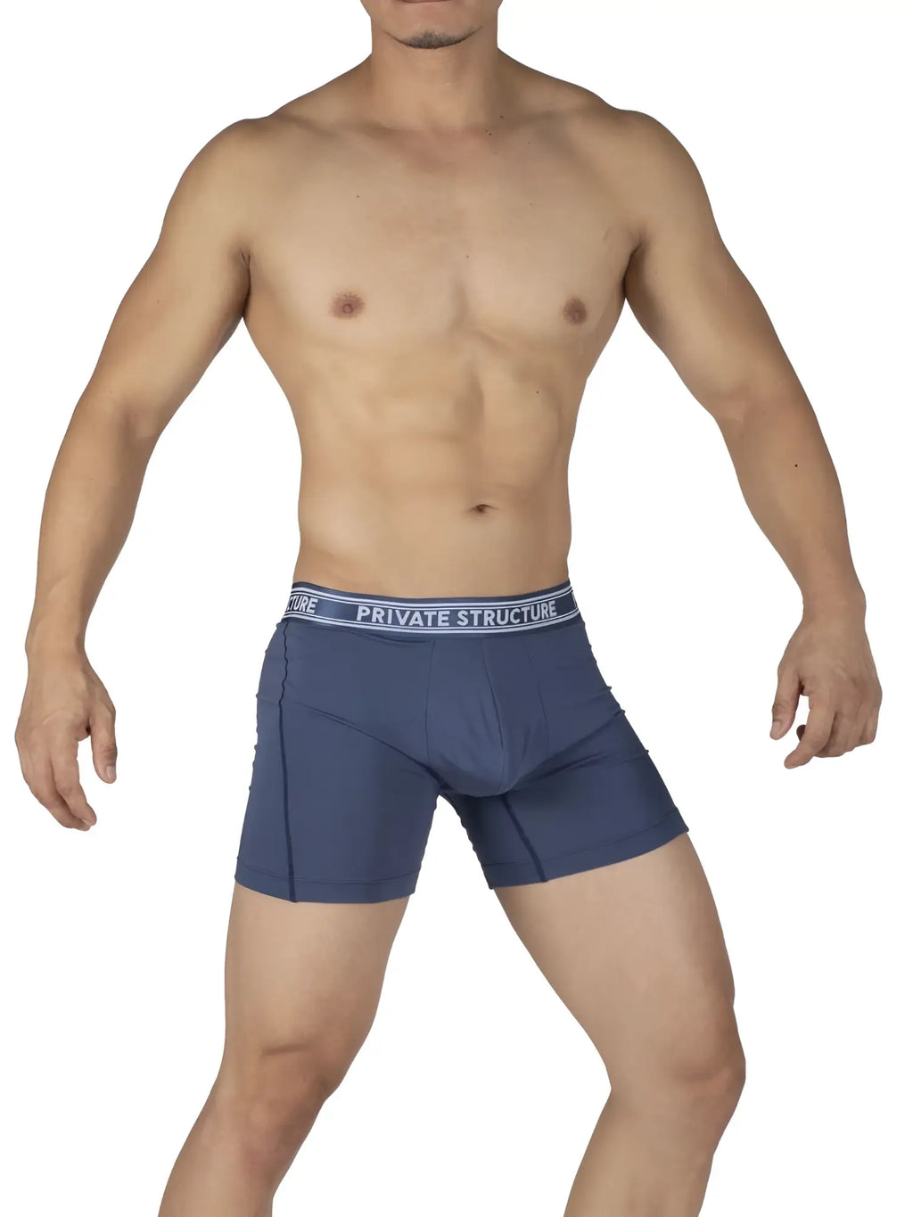 Dark blue private structure bamboo mid waist men’s boxer briefs with white elastic waistband in citadel blue
