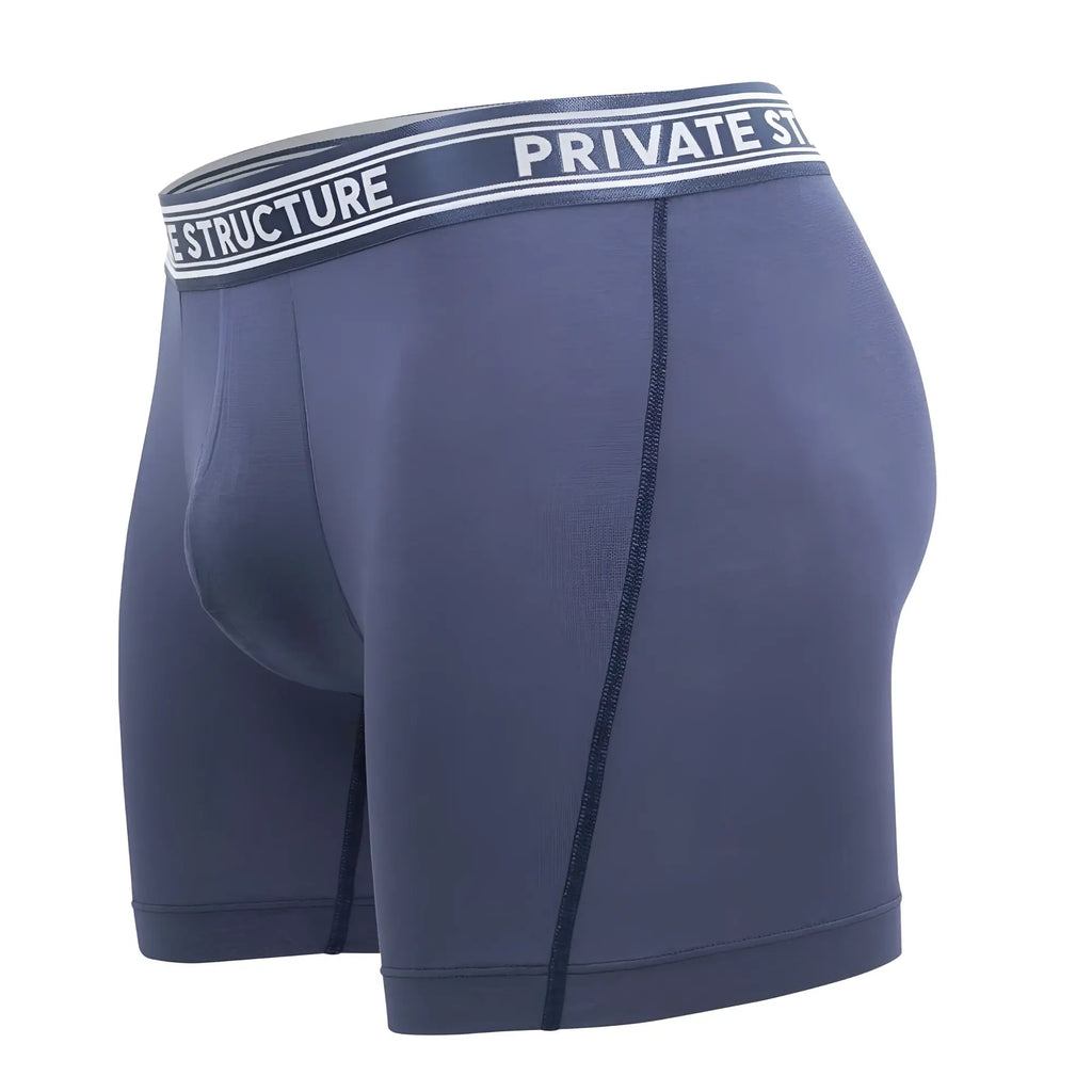 Navy blue private structure bamboo mid waist boxer briefs with white and black branded elastic waistband