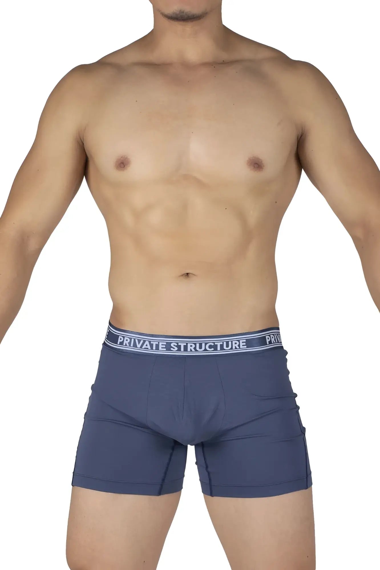 Navy blue private structure mid waist bamboo boxer briefs with a white and gray waistband in citadel blue color