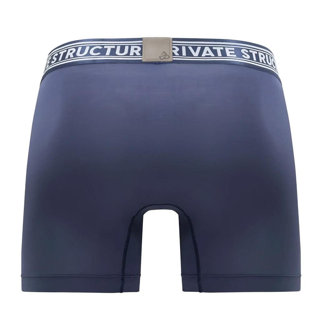 Navy blue private structure bamboo mid waist boxer briefs with striped waistband and beige logo patch color citadel blue