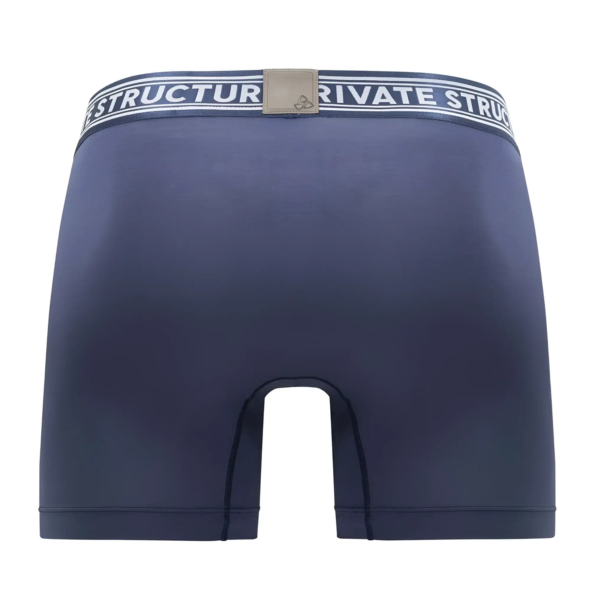 Navy blue private structure bamboo mid waist boxer briefs with striped waistband and beige logo patch color citadel blue