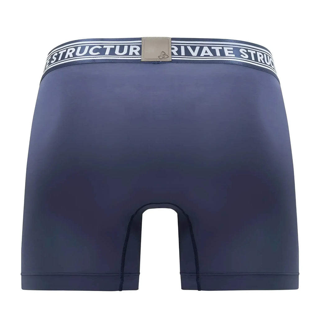 Navy blue private structure bamboo mid waist boxer briefs with striped waistband and beige logo patch color citadel blue