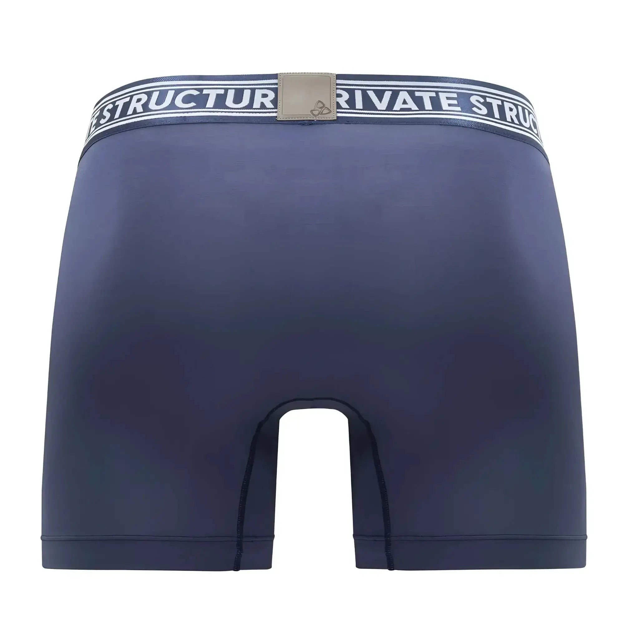 Navy blue private structure bamboo mid waist boxer briefs with striped waistband and beige logo patch color citadel blue
