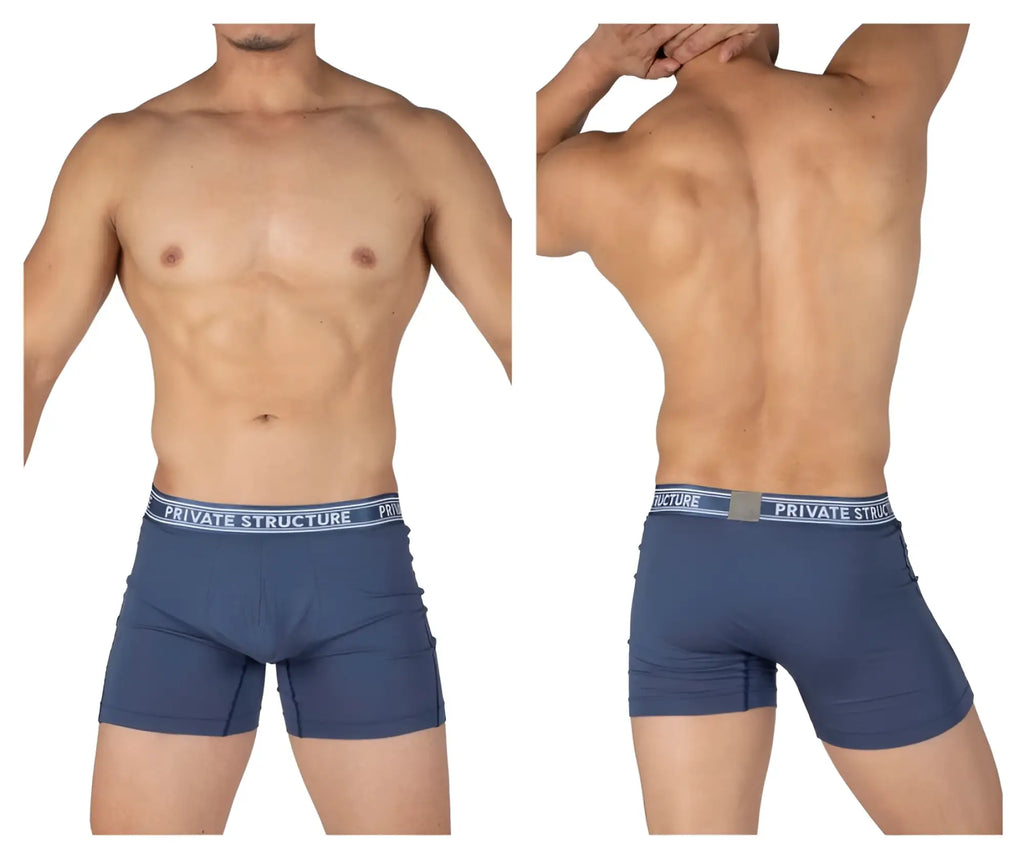 Navy blue men’s bamboo mid waist boxer briefs with white and gray private structure waistband color citadel blue